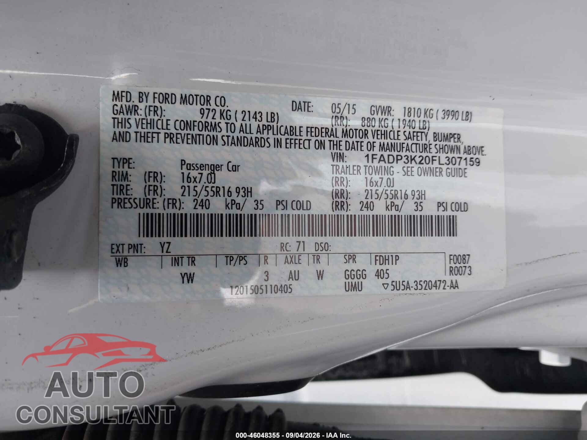 FORD FOCUS 2015 - 1FADP3K20FL307159