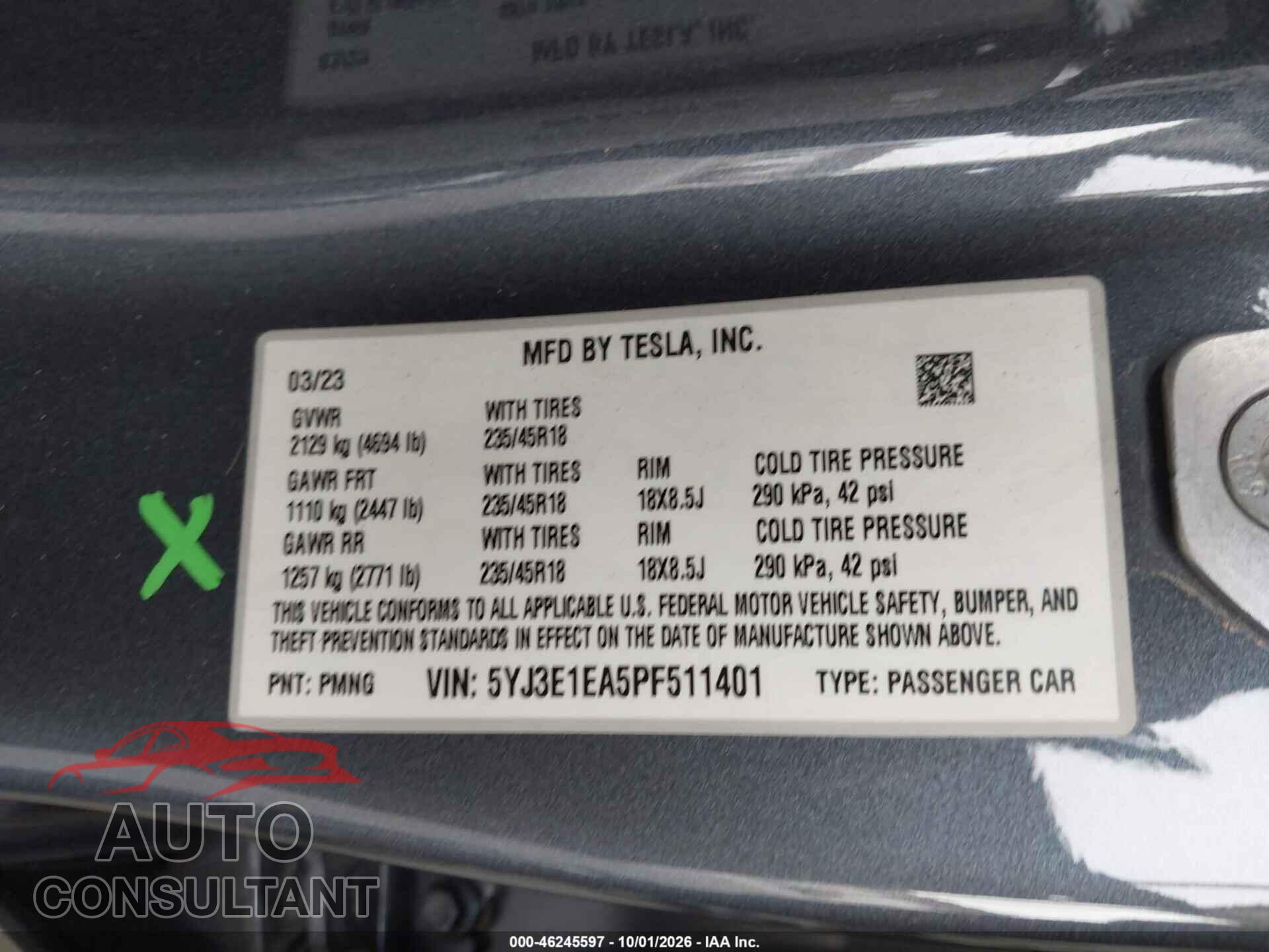 TESLA MODEL 3 2023 - 5YJ3E1EA5PF511401
