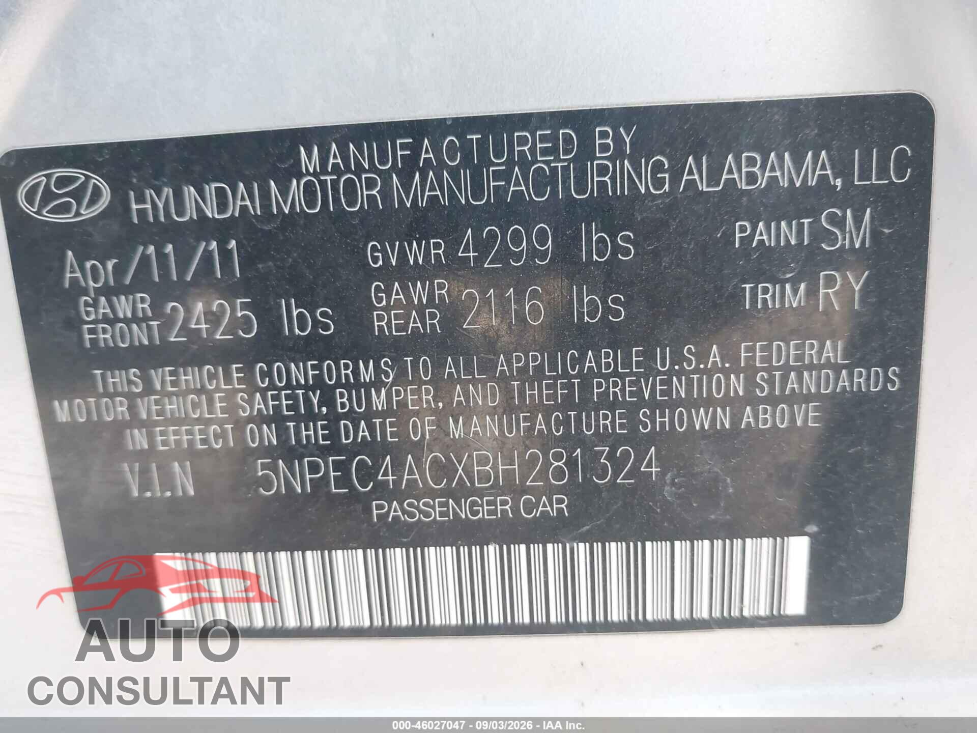 HYUNDAI SONATA 2011 - 5NPEC4ACXBH281324