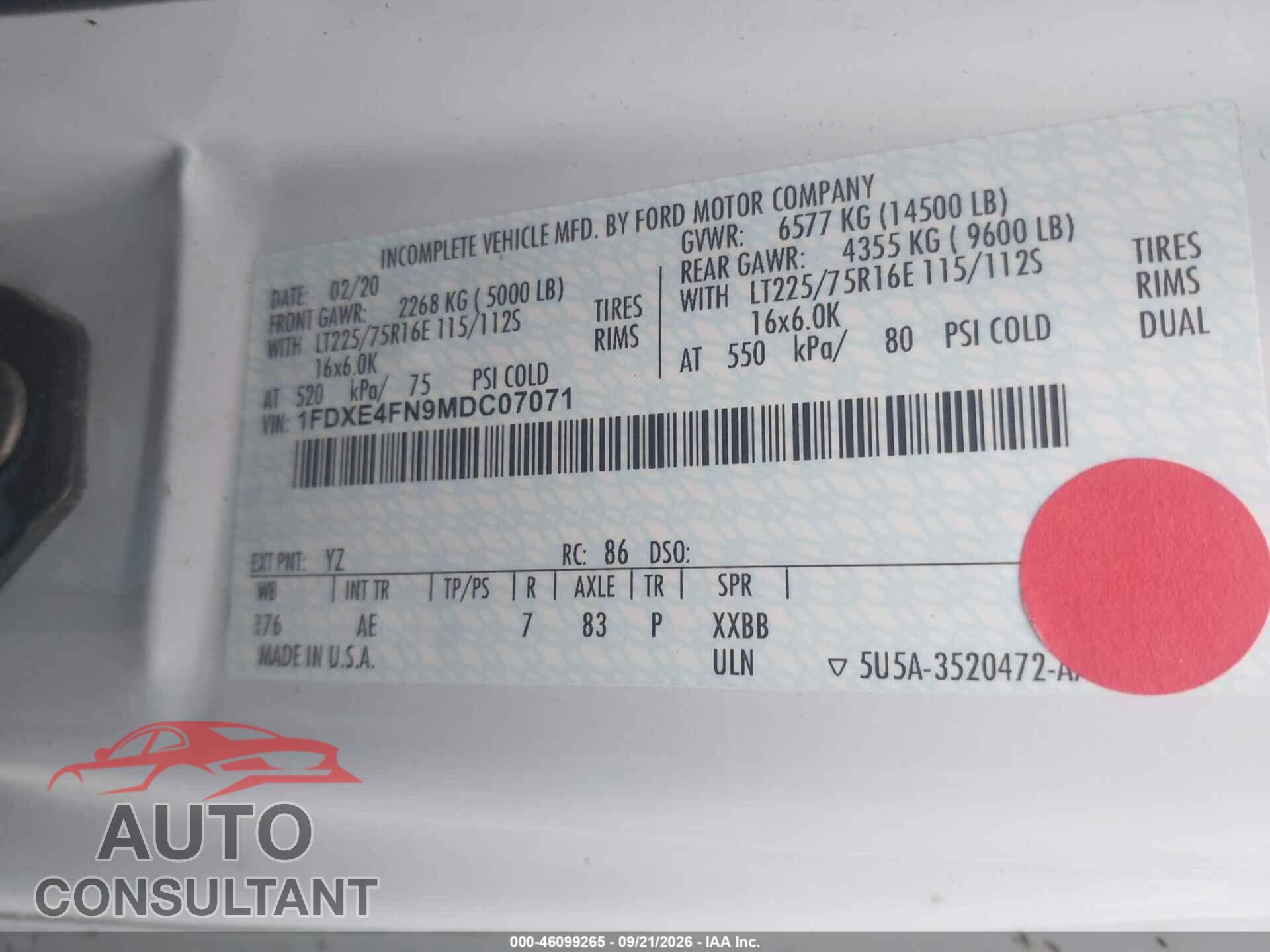 FORD E-450 CUTAWAY 2021 - 1FDXE4FN9MDC07071