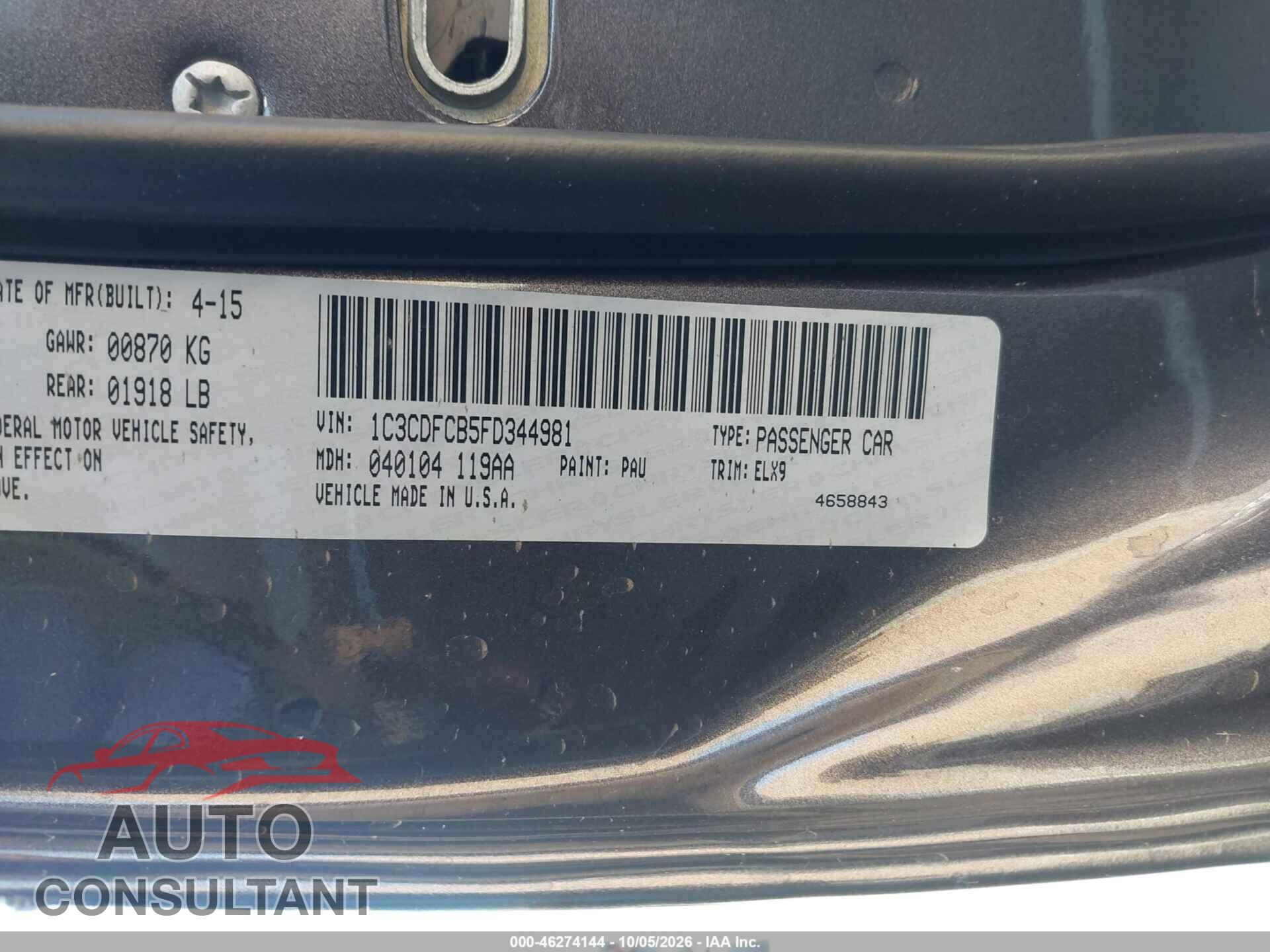 DODGE DART 2015 - 1C3CDFCB5FD344981