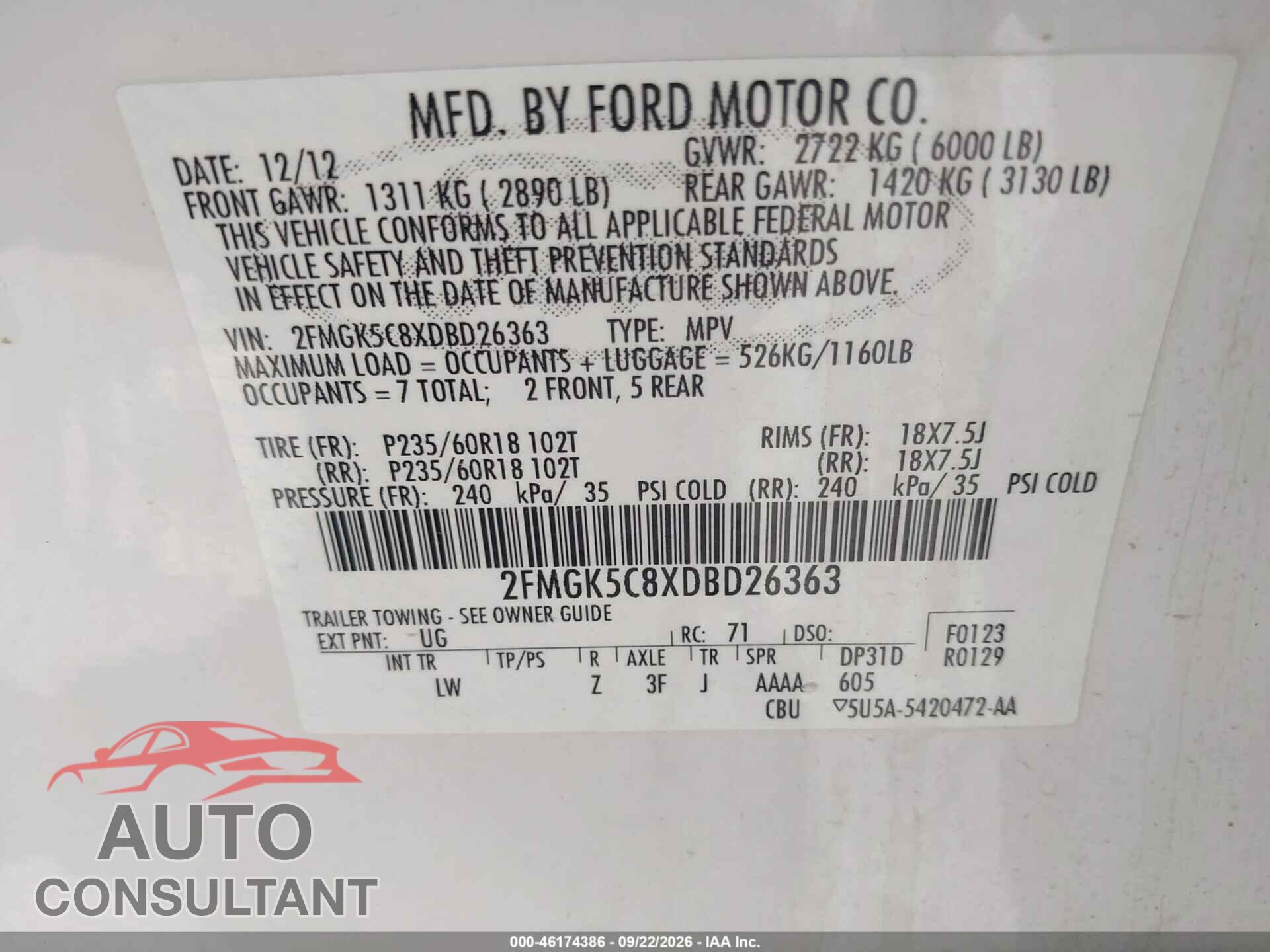FORD FLEX 2013 - 2FMGK5C8XDBD26363
