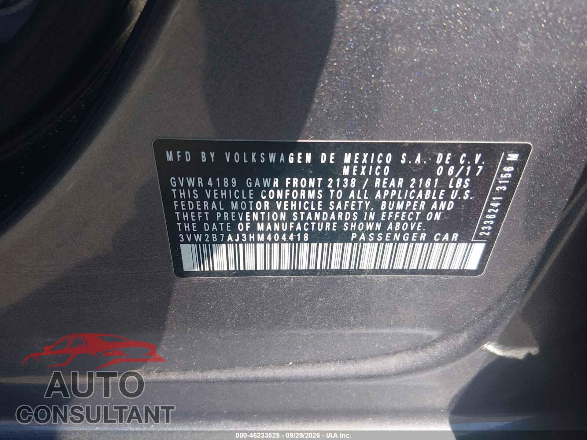 VOLKSWAGEN JETTA 2017 - 3VW2B7AJ3HM404418