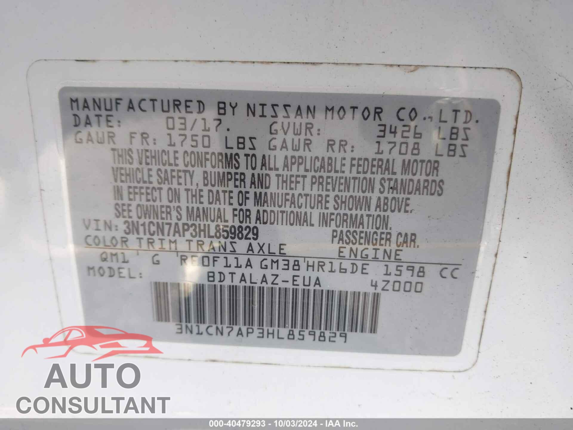 NISSAN VERSA 2017 - 3N1CN7AP3HL859829