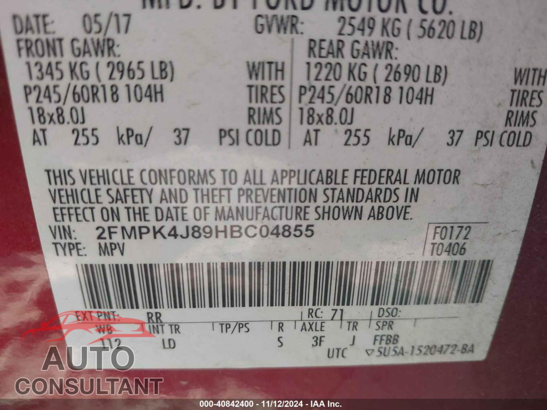 FORD EDGE 2017 - 2FMPK4J89HBC04855