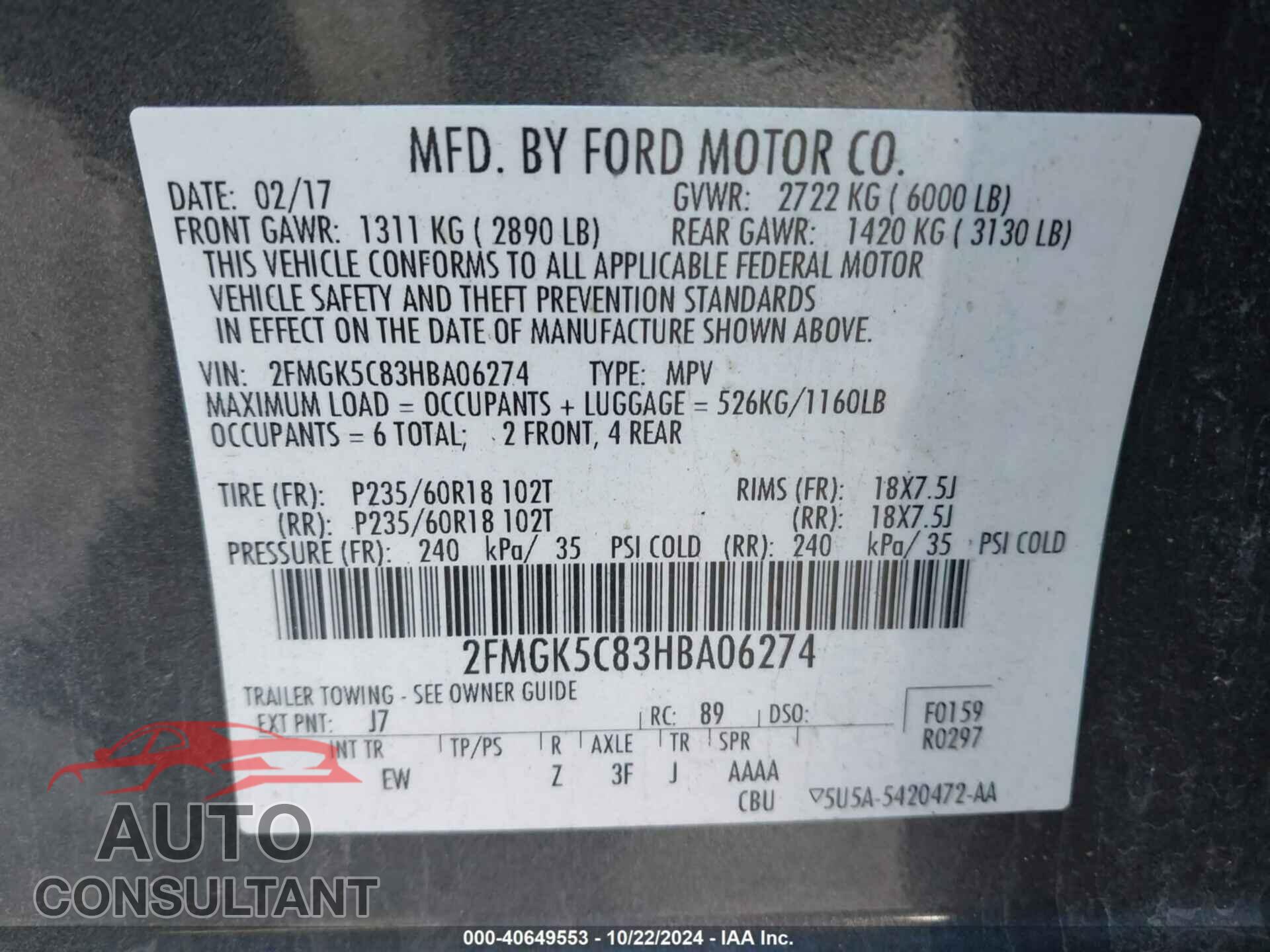 FORD FLEX 2017 - 2FMGK5C83HBA06274