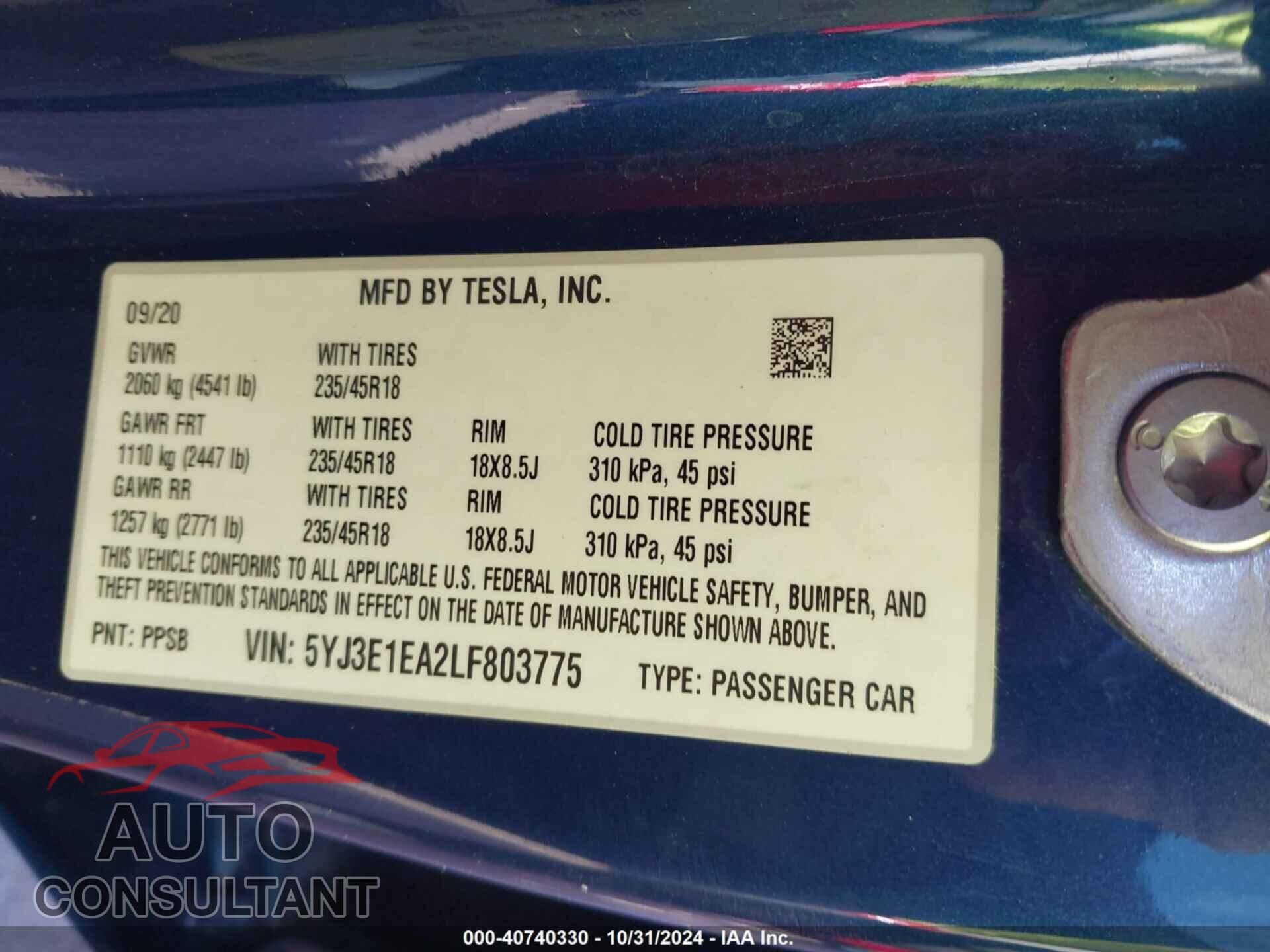 TESLA MODEL 3 2020 - 5YJ3E1EA2LF803775