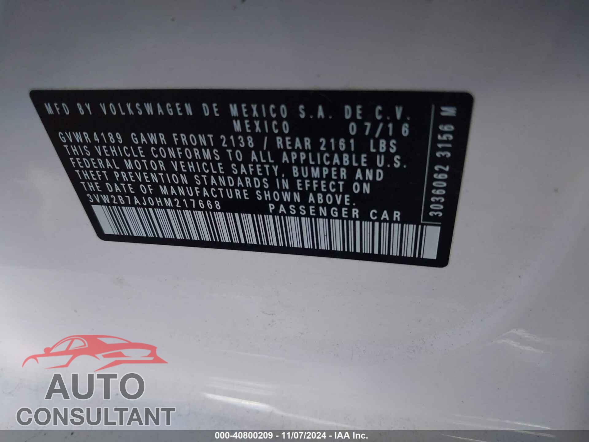 VOLKSWAGEN JETTA 2017 - 3VW2B7AJ0HM217668