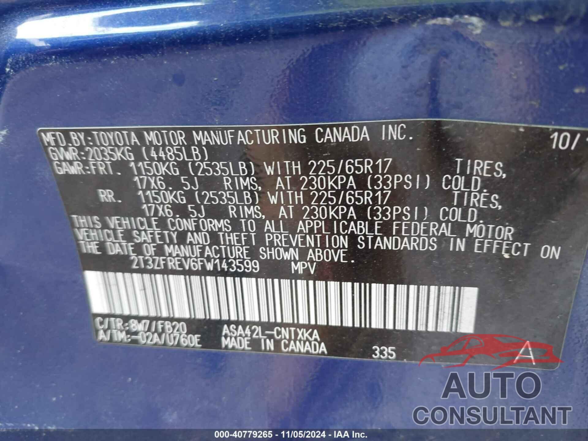 TOYOTA RAV4 2015 - 2T3ZFREV6FW143599