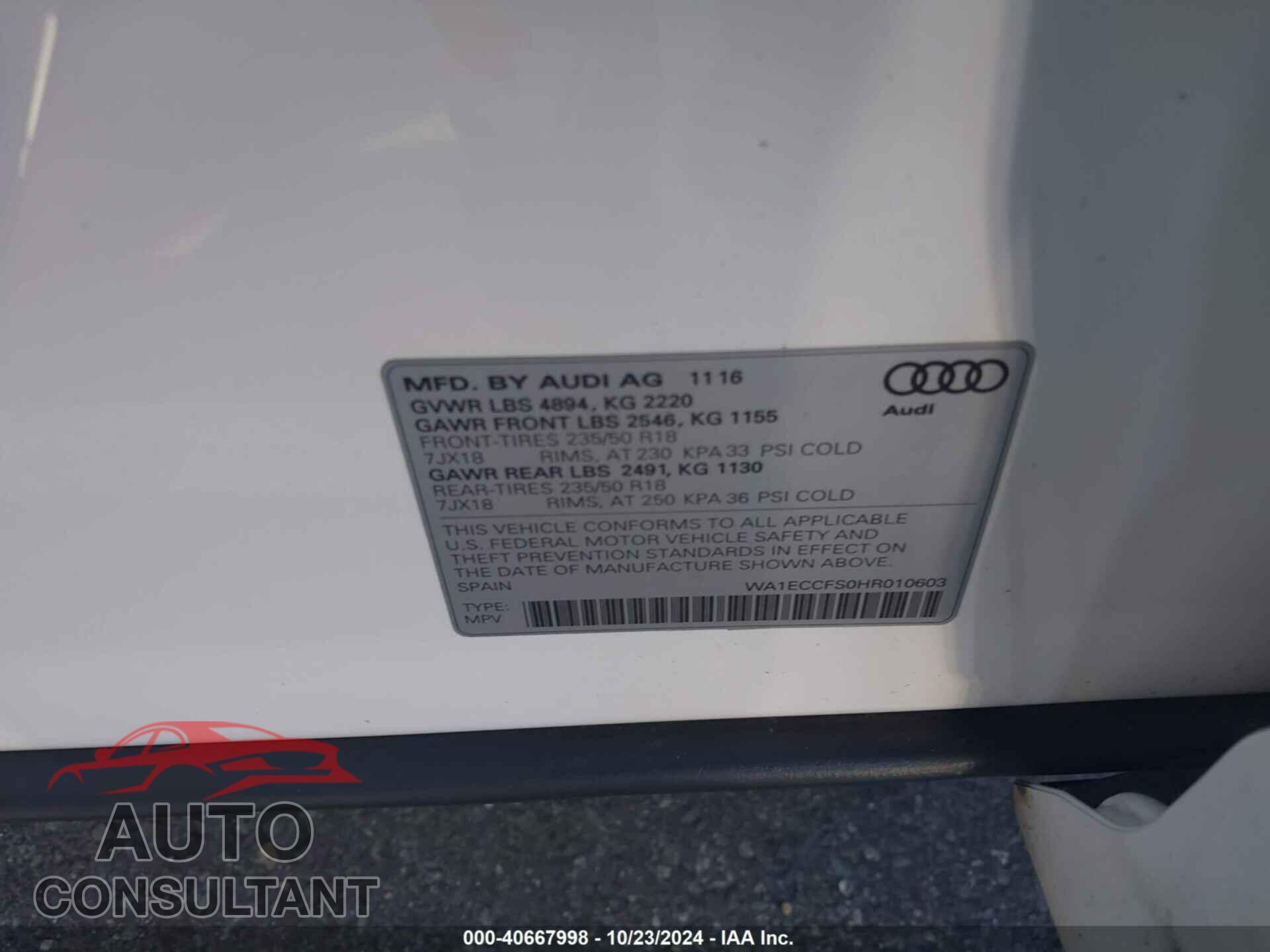AUDI Q3 2017 - WA1ECCFS0HR010603