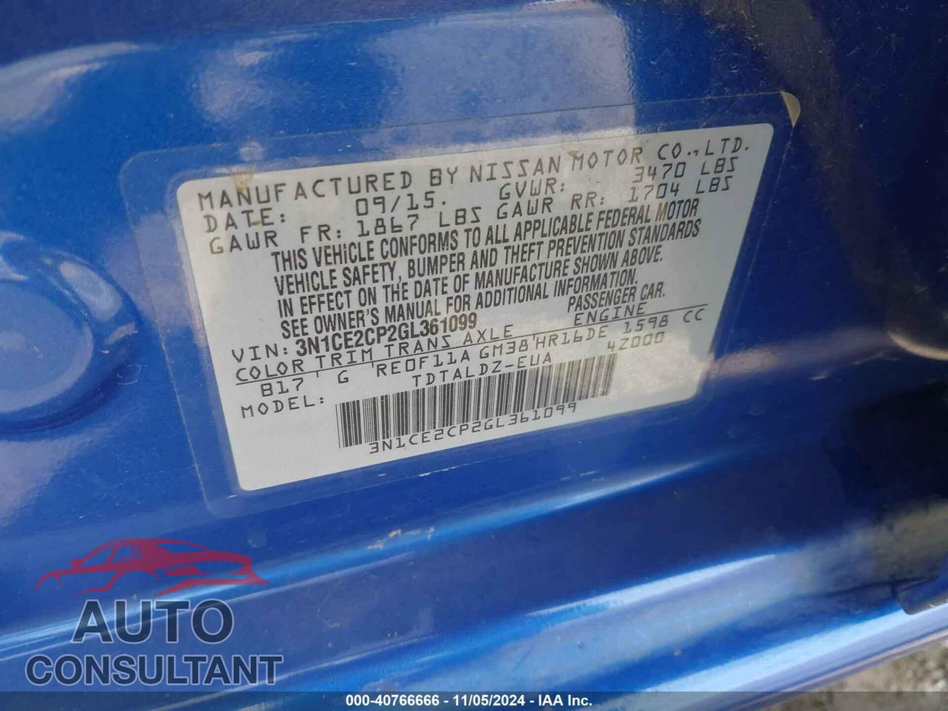 NISSAN VERSA NOTE 2016 - 3N1CE2CP2GL361099
