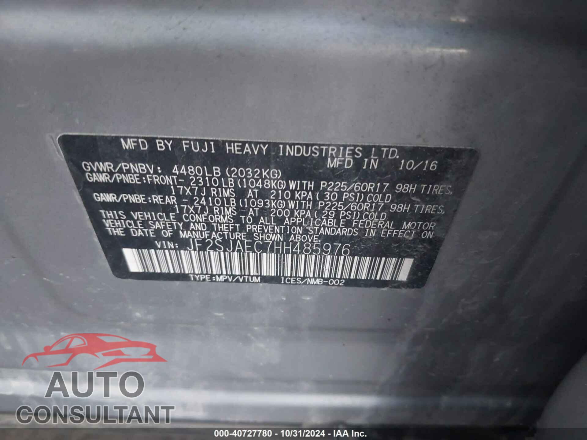 SUBARU FORESTER 2017 - JF2SJAEC7HH485976