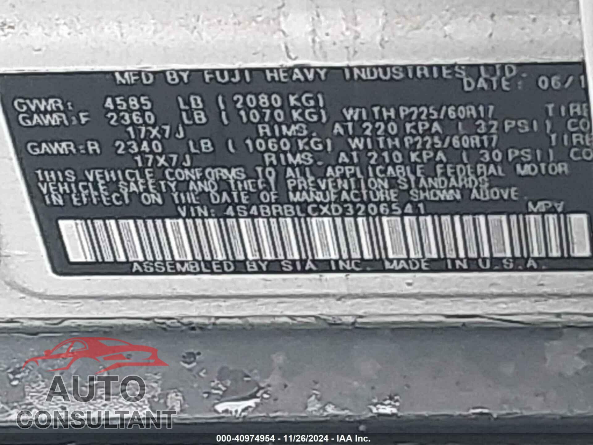 SUBARU OUTBACK 2013 - 4S4BRBLCXD3206541