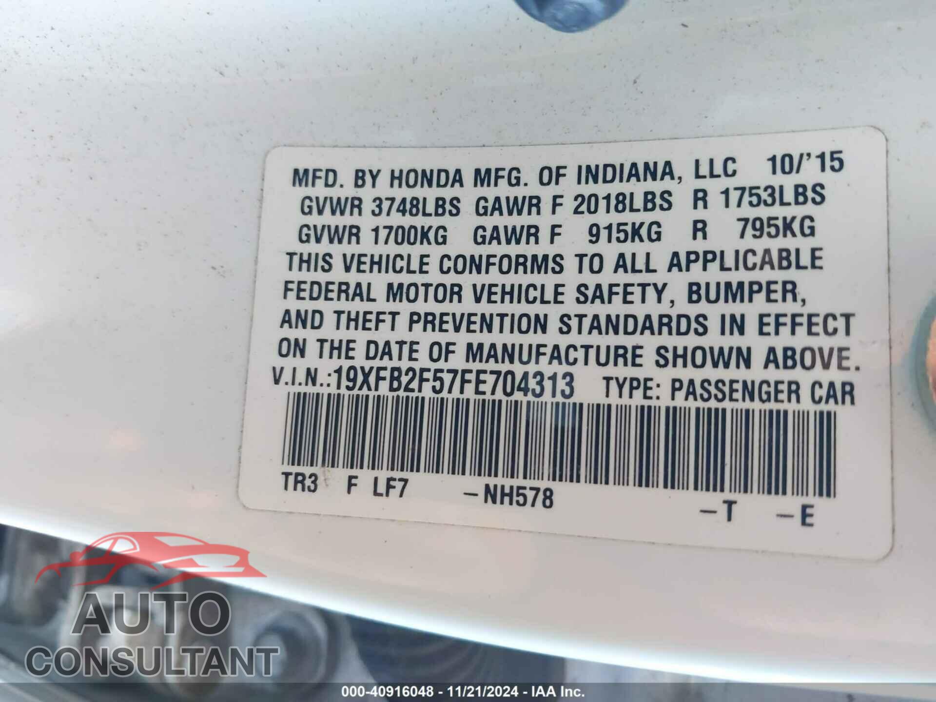 HONDA CIVIC 2015 - 19XFB2F57FE704313
