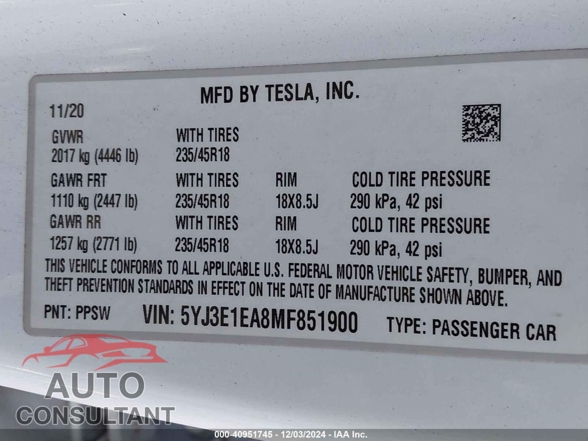 TESLA MODEL 3 2021 - 5YJ3E1EA8MF851900