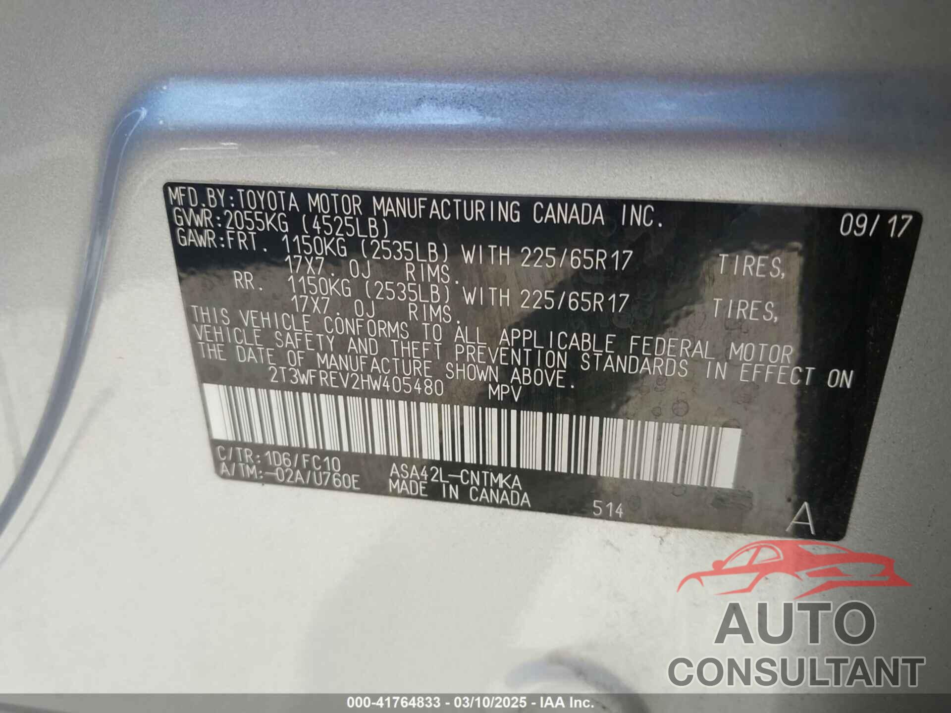 TOYOTA RAV4 2017 - 2T3WFREV2HW405480