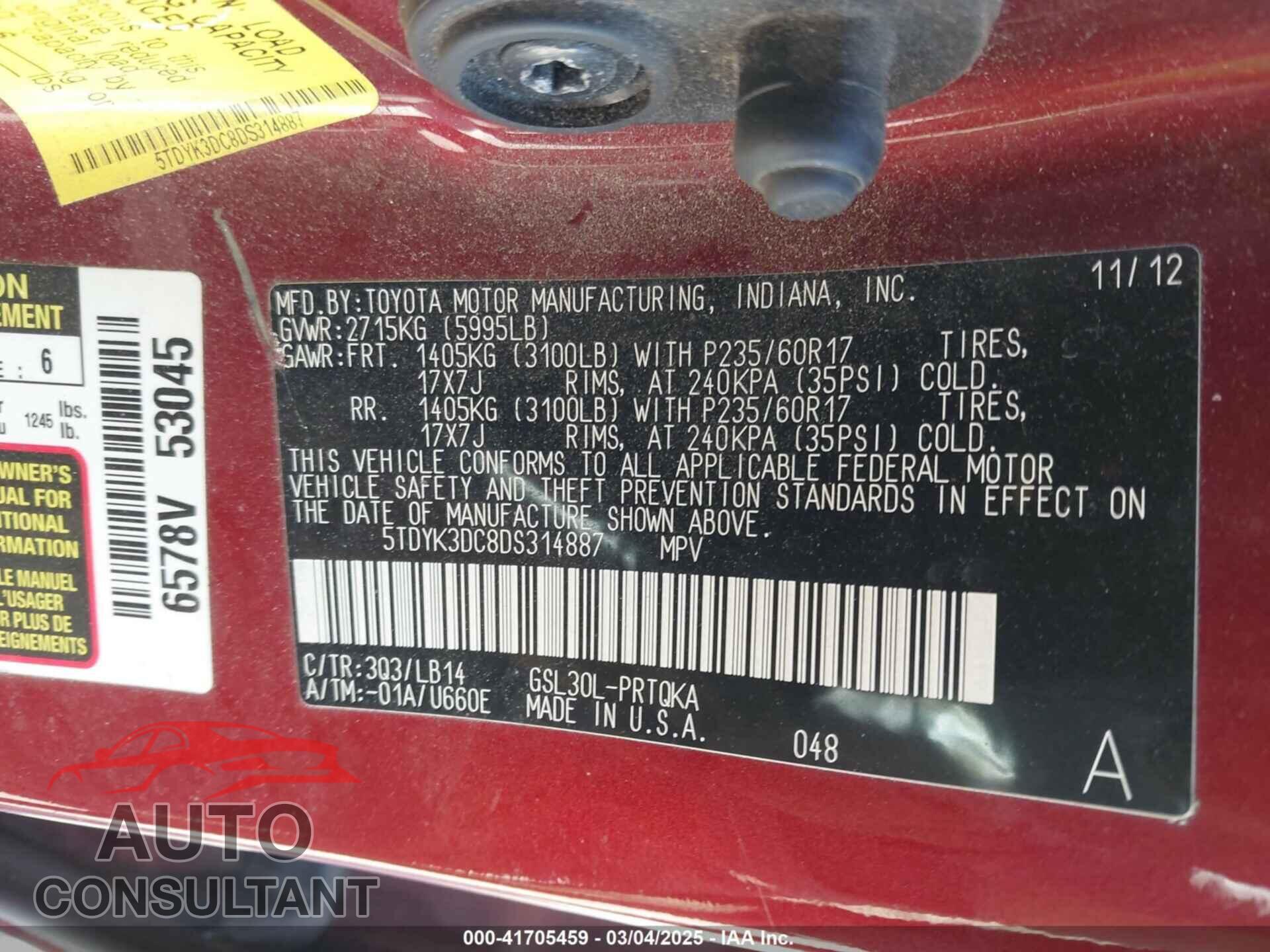 TOYOTA SIENNA 2013 - 5TDYK3DC8DS314887