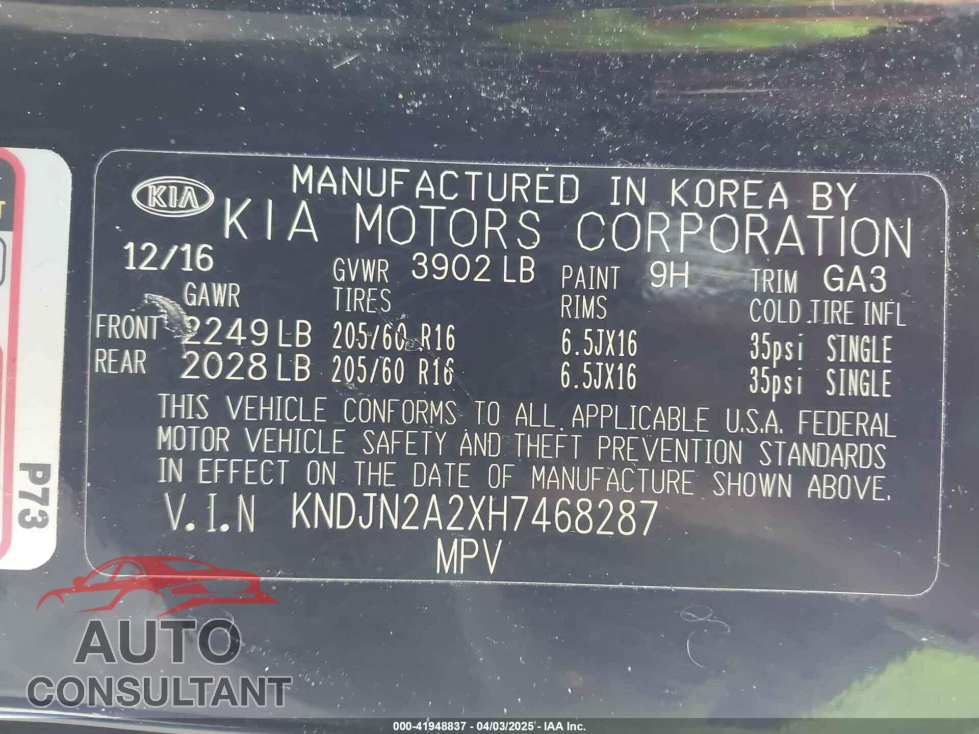 KIA SOUL 2017 - KNDJN2A2XH7468287