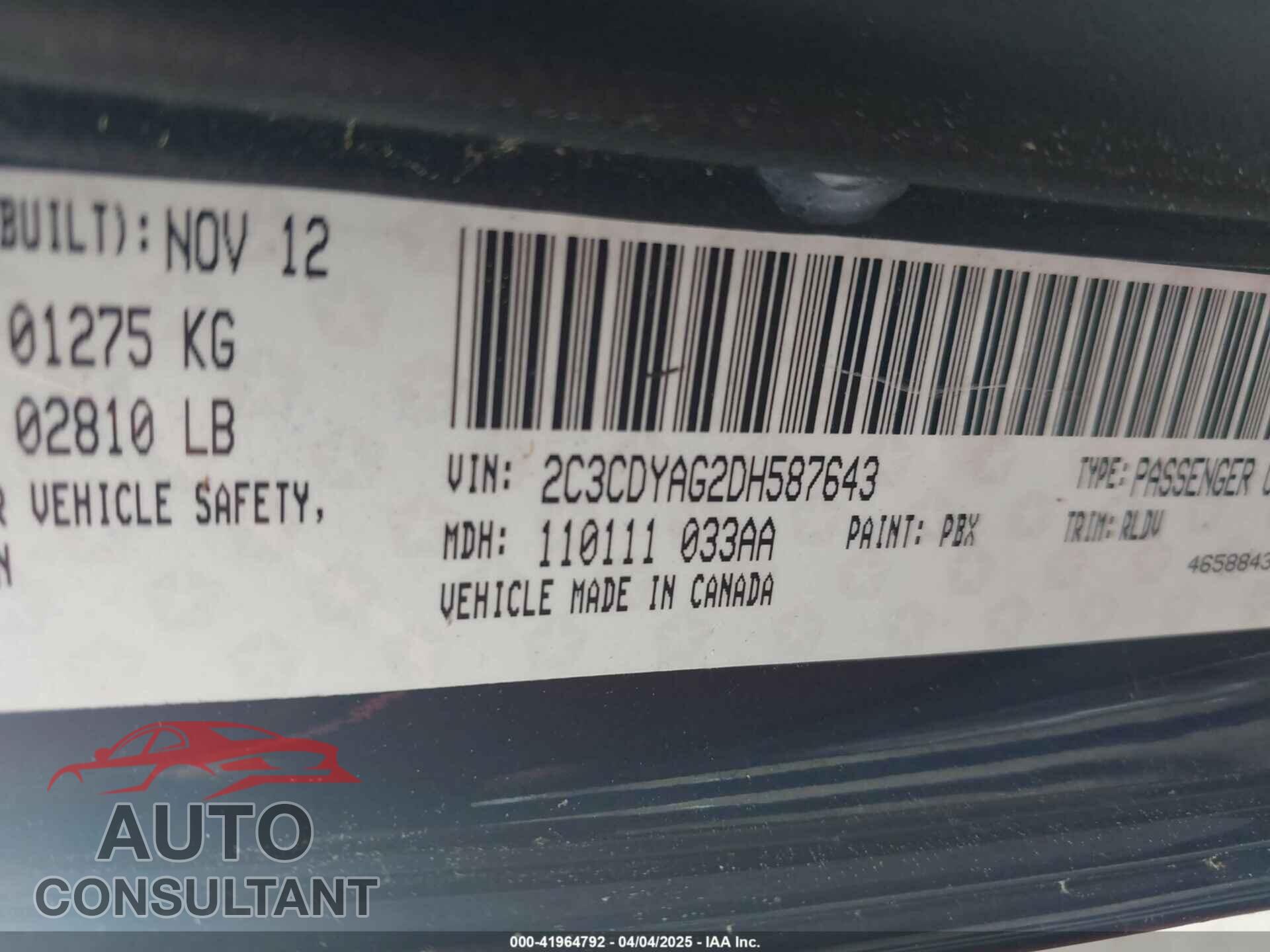 DODGE CHALLENGER 2013 - 2C3CDYAG2DH587643