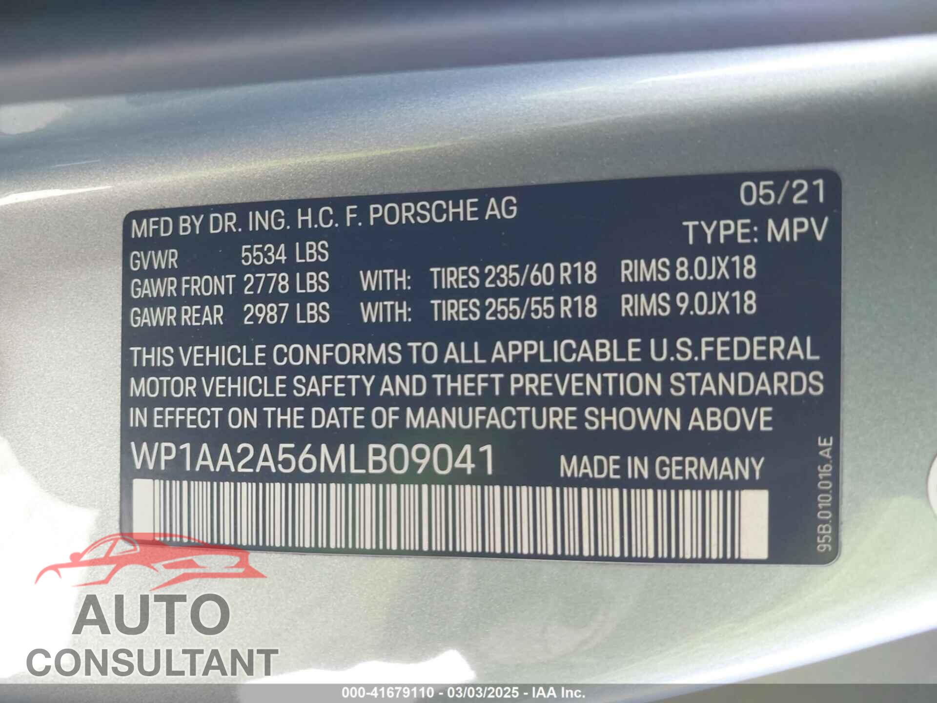PORSCHE MACAN 2021 - WP1AA2A56MLB09041