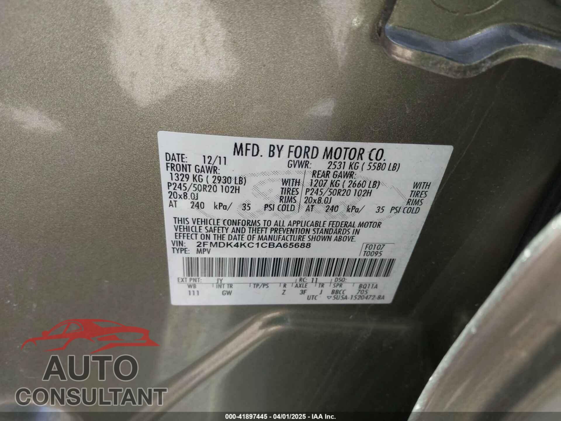 FORD EDGE 2012 - 2FMDK4KC1CBA65688
