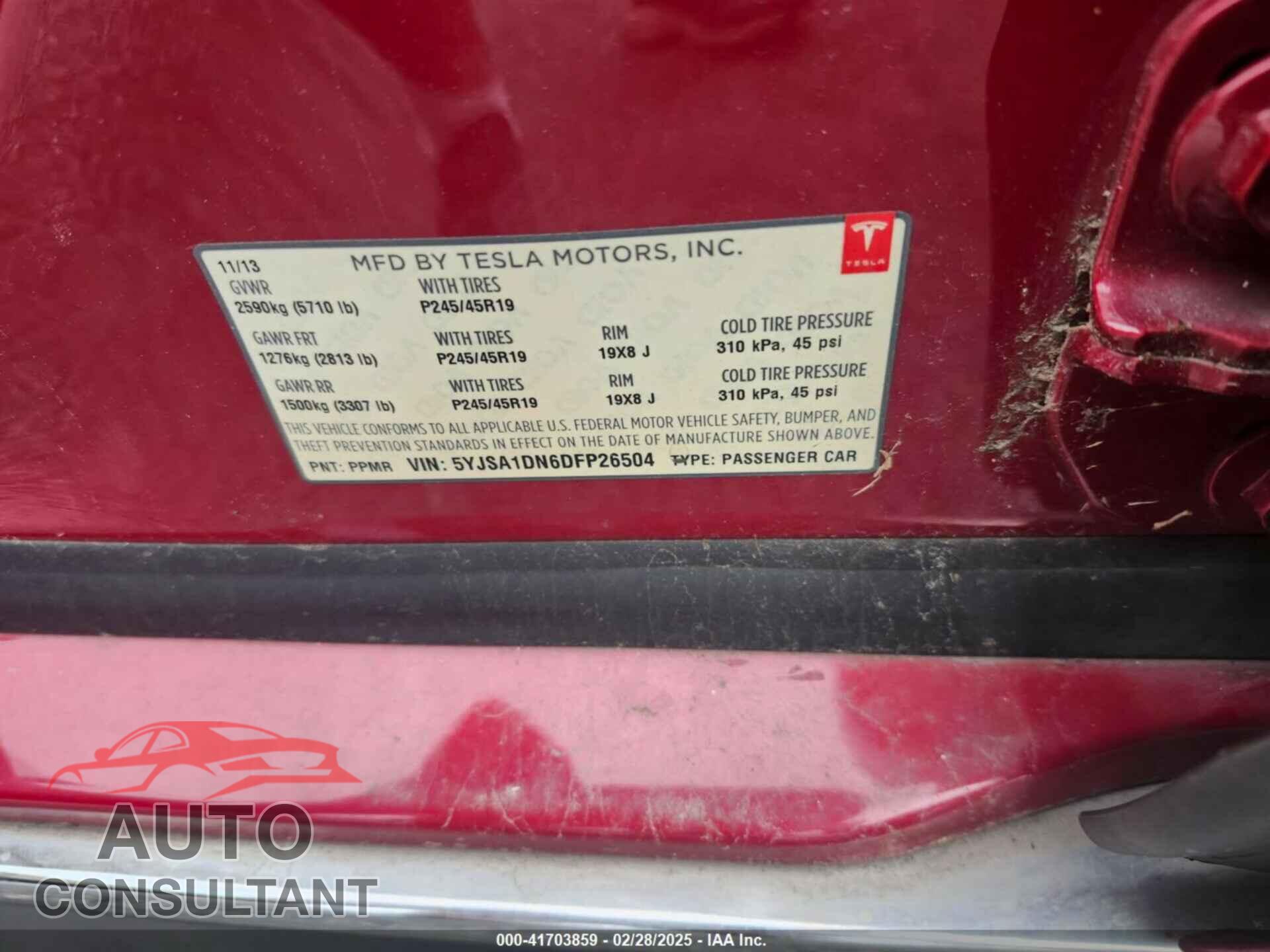 TESLA MODEL S 2013 - 5YJSA1DN6DFP26504