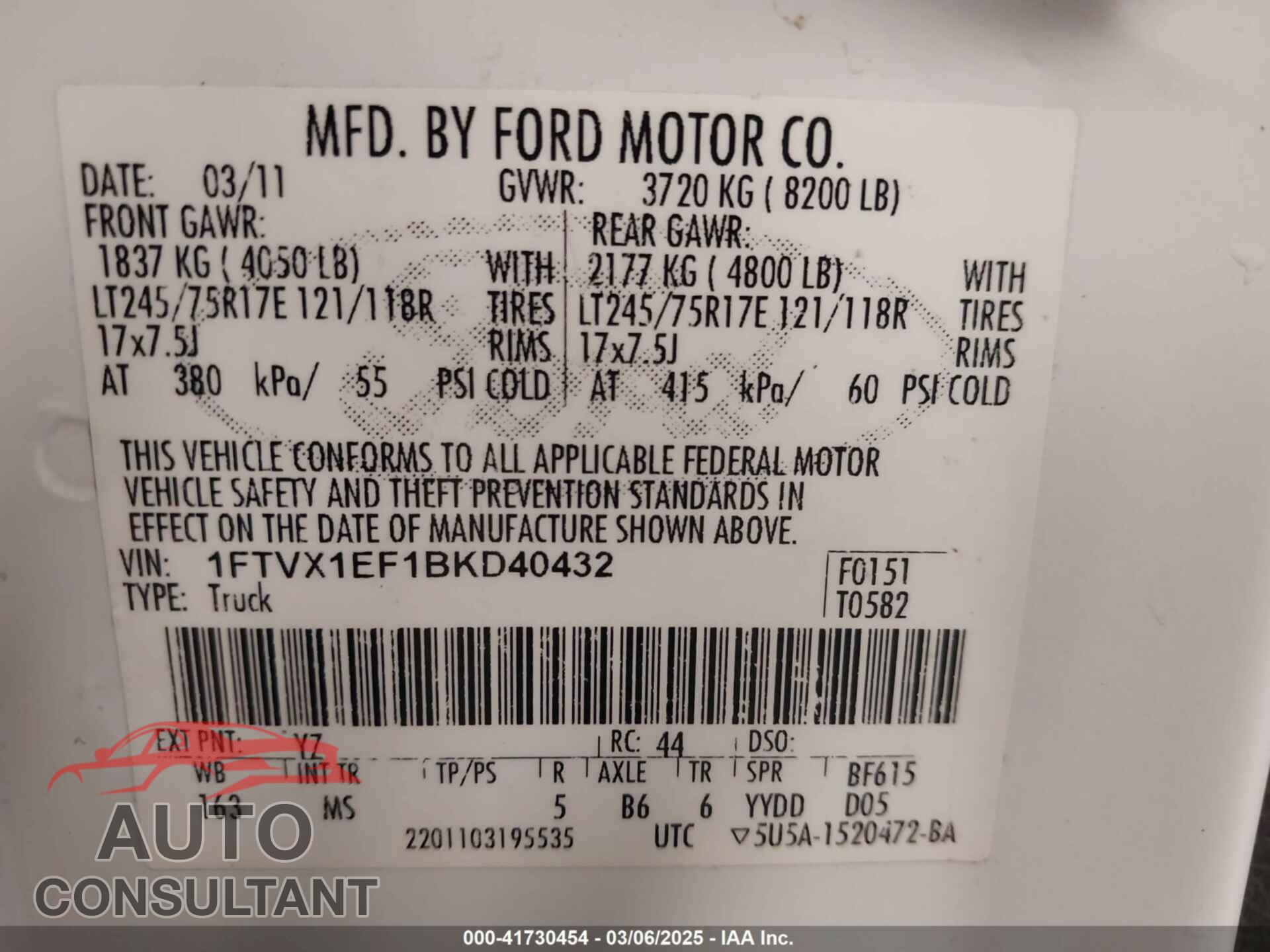 FORD F-150 2011 - 1FTVX1EF1BKD40432
