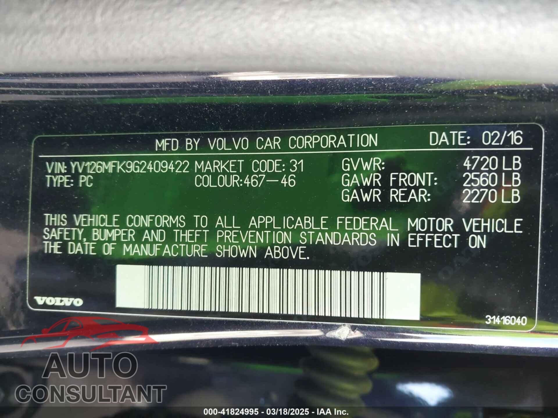 VOLVO S60 2016 - YV126MFK9G2409422