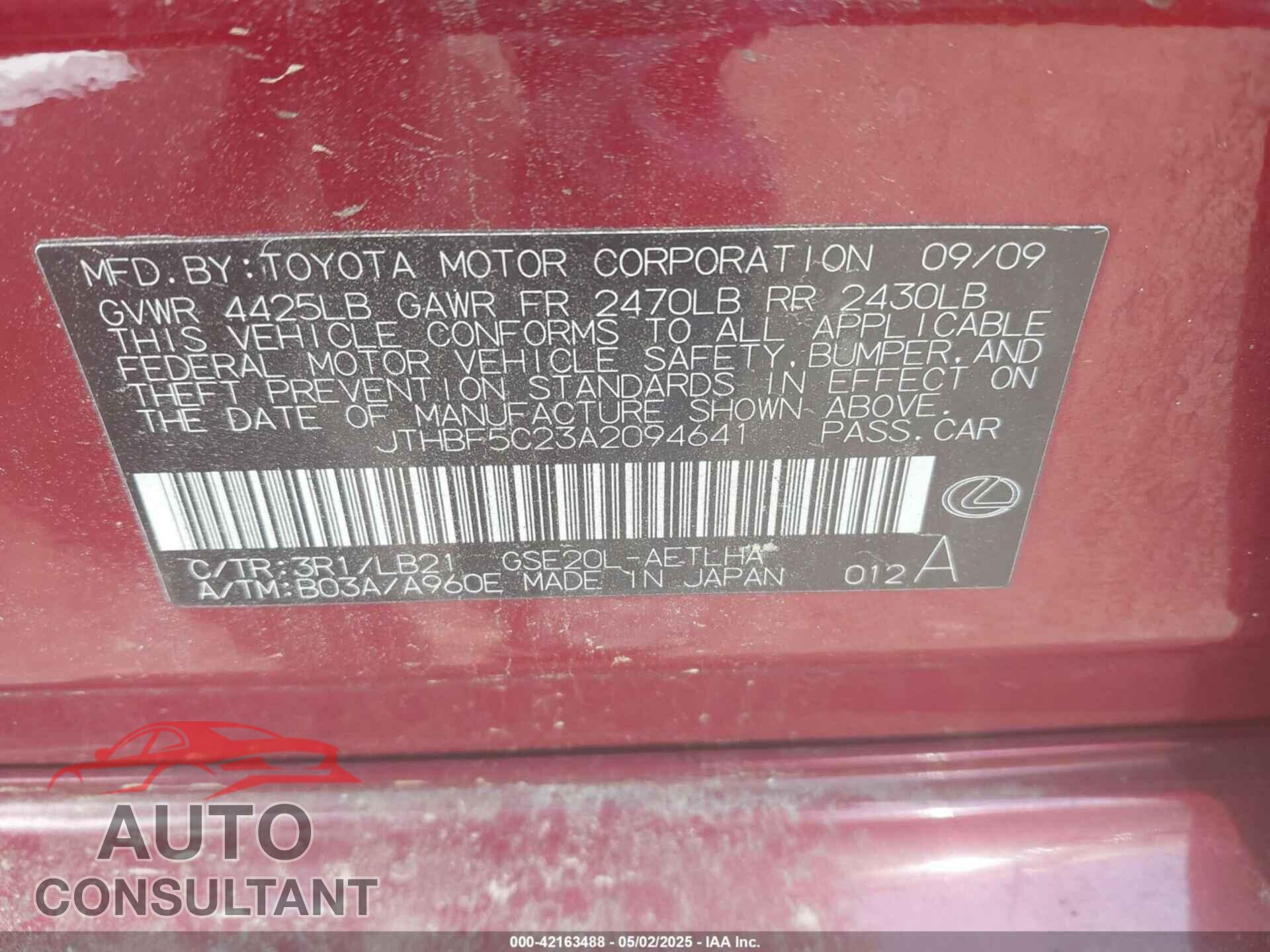 LEXUS IS 250 2010 - JTHBF5C23A2094641