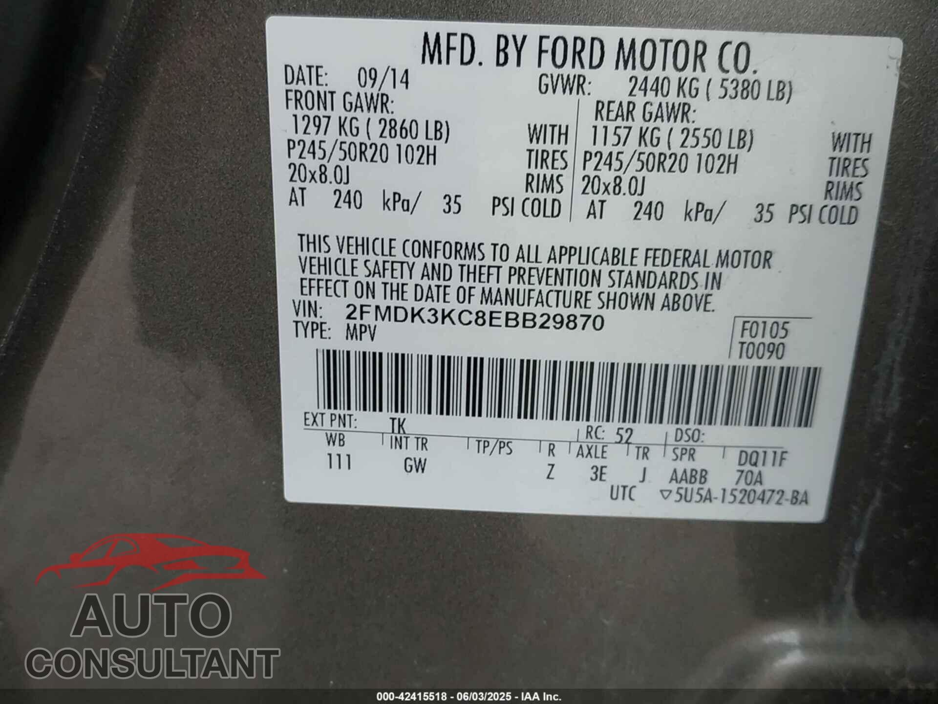 FORD EDGE 2014 - 2FMDK3KC8EBB29870