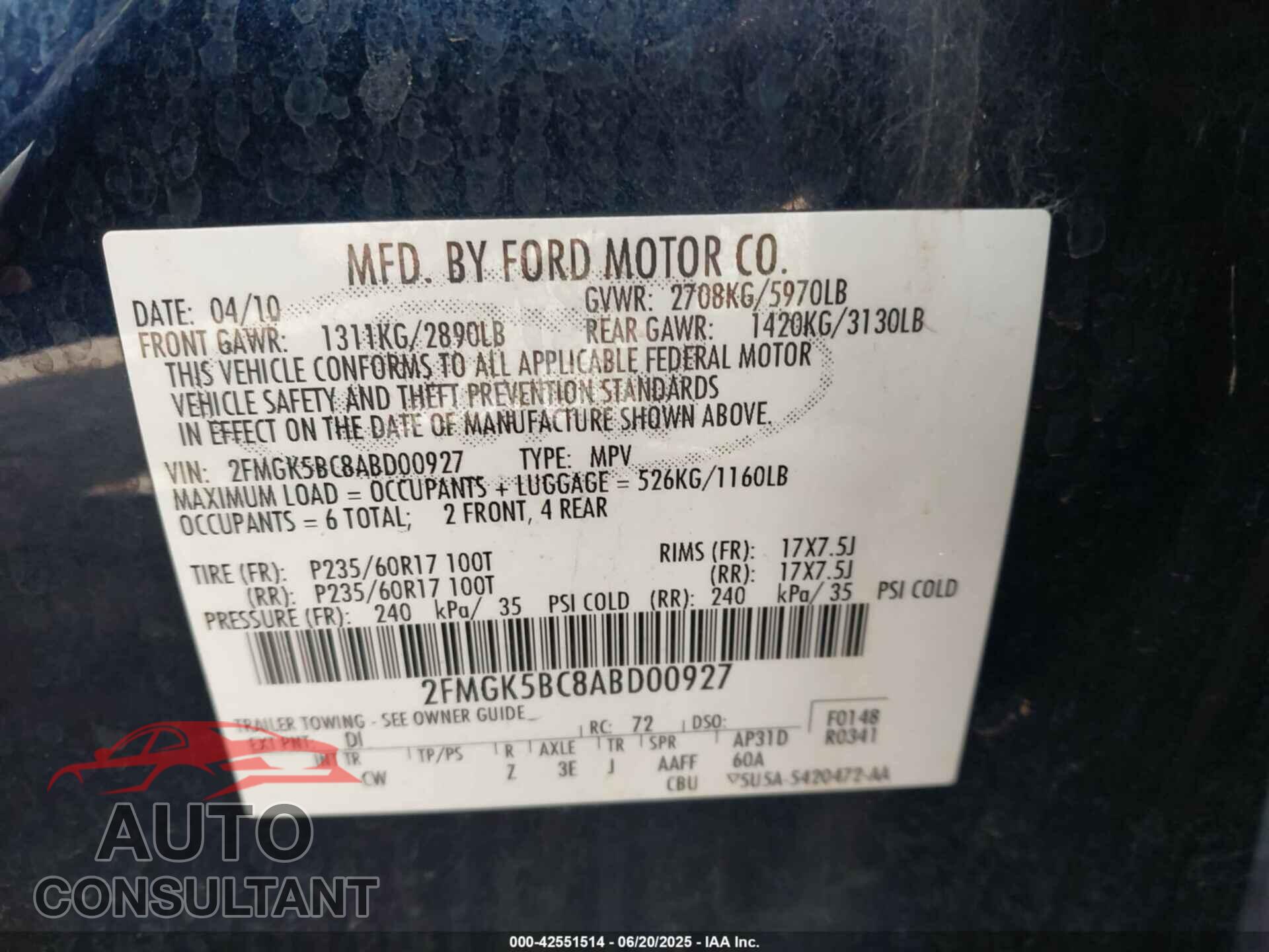 FORD FLEX 2010 - 2FMGK5BC8ABD00927