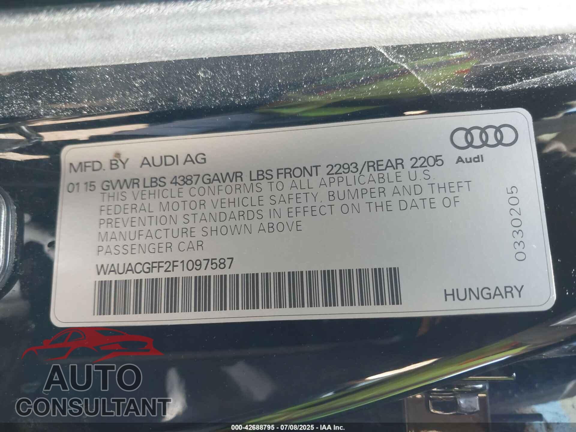 AUDI A3 2015 - WAUACGFF2F1097587