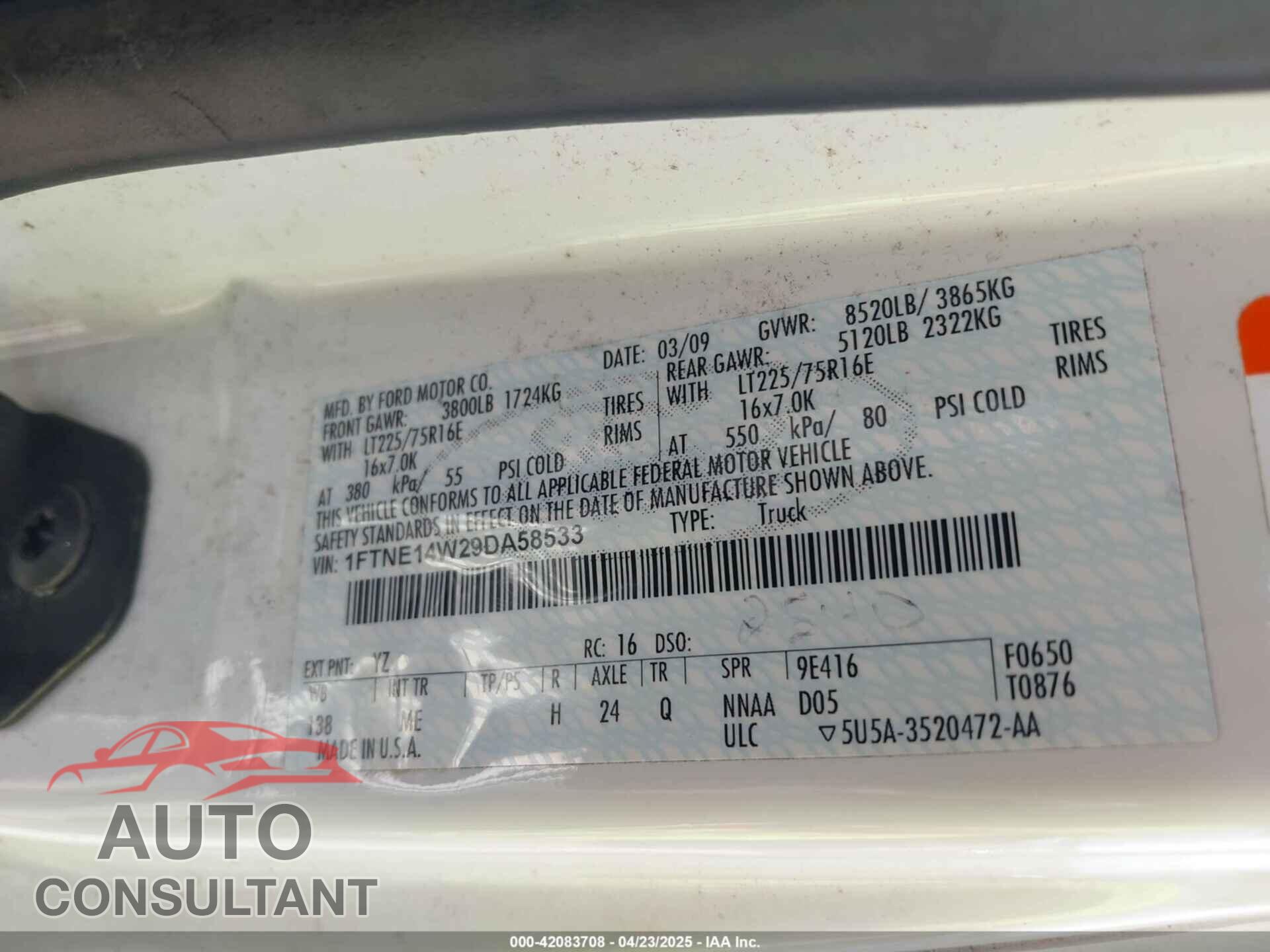 FORD E-150 2009 - 1FTNE14W29DA58533