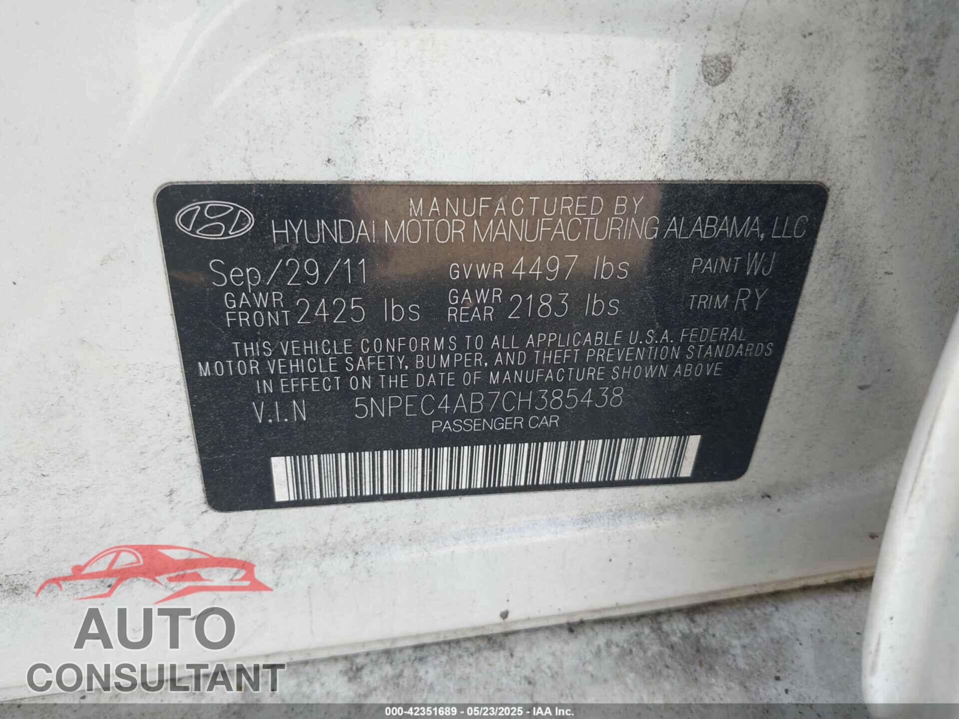 HYUNDAI SONATA 2012 - 5NPEC4AB7CH385438