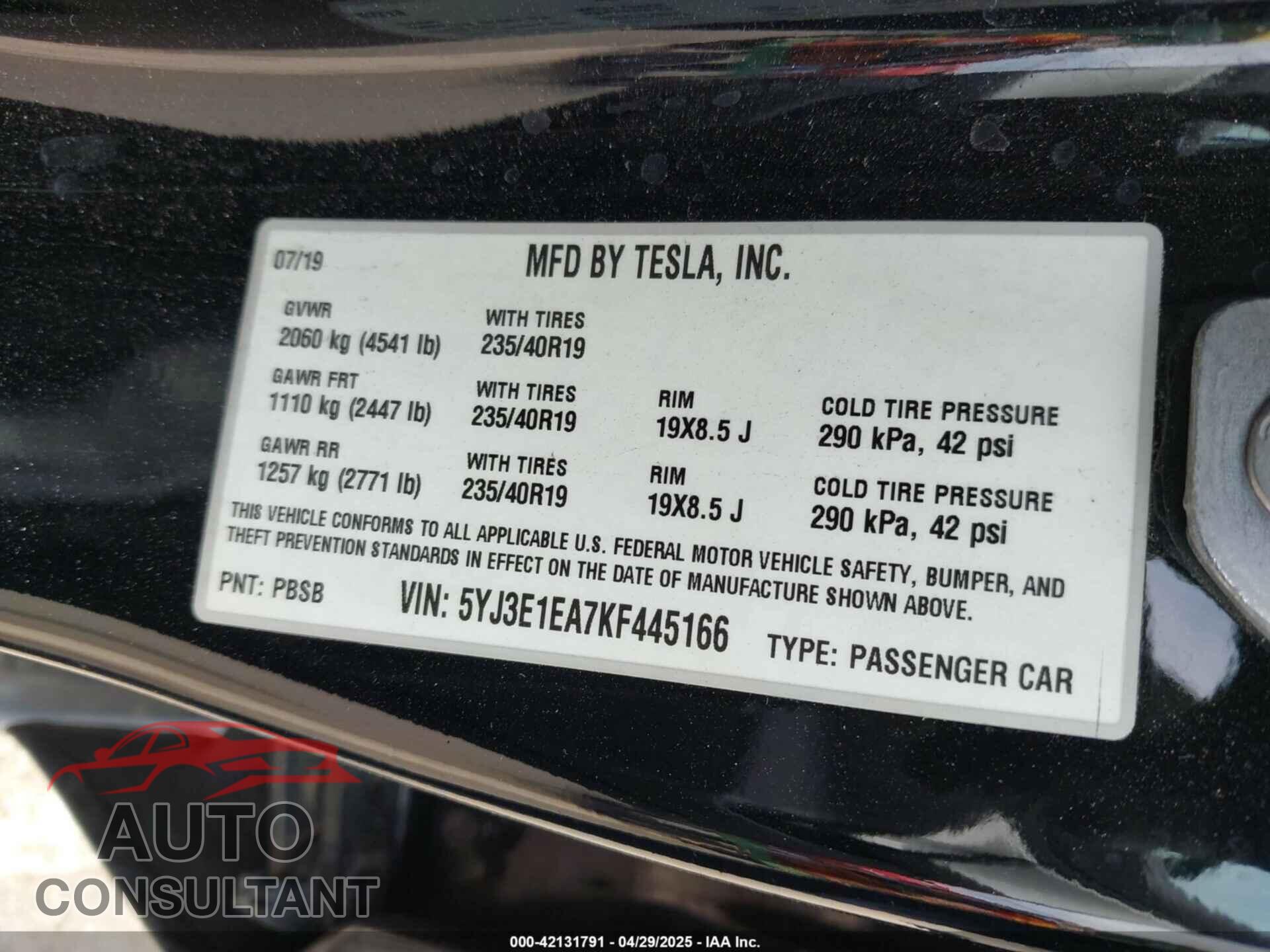 TESLA MODEL 3 2019 - 5YJ3E1EA7KF445166