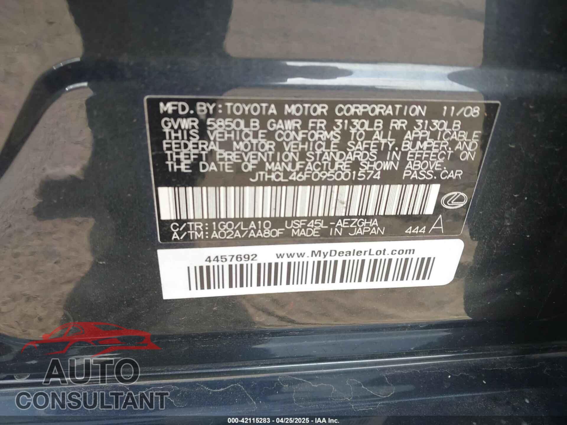 LEXUS LS 460 2009 - JTHCL46F095001574