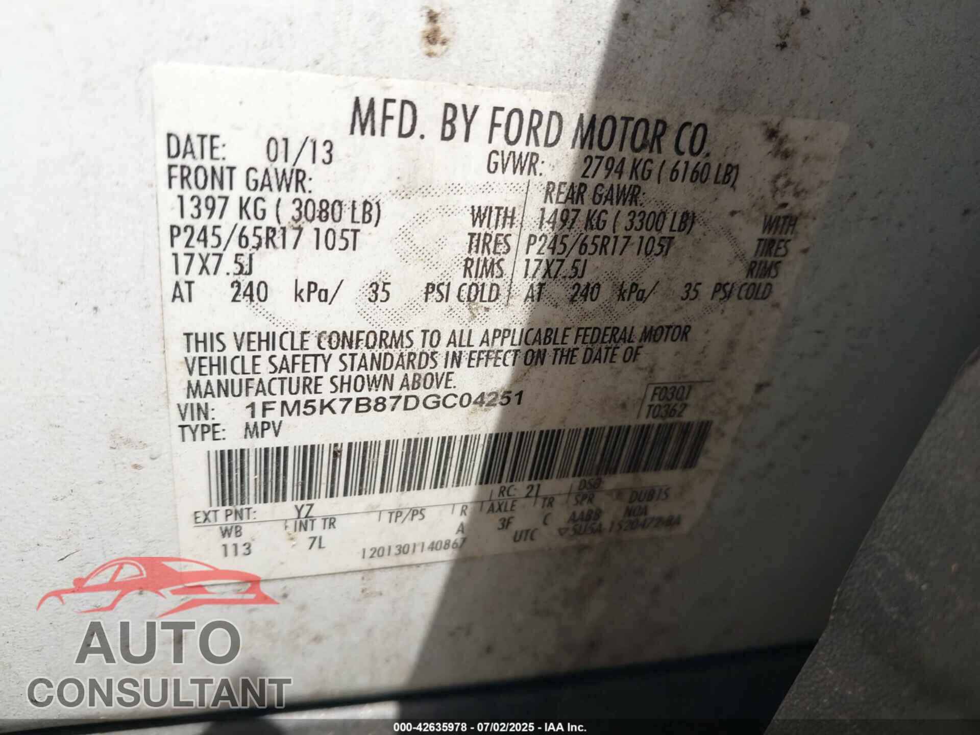 FORD EXPLORER 2013 - 1FM5K7B87DGC04251