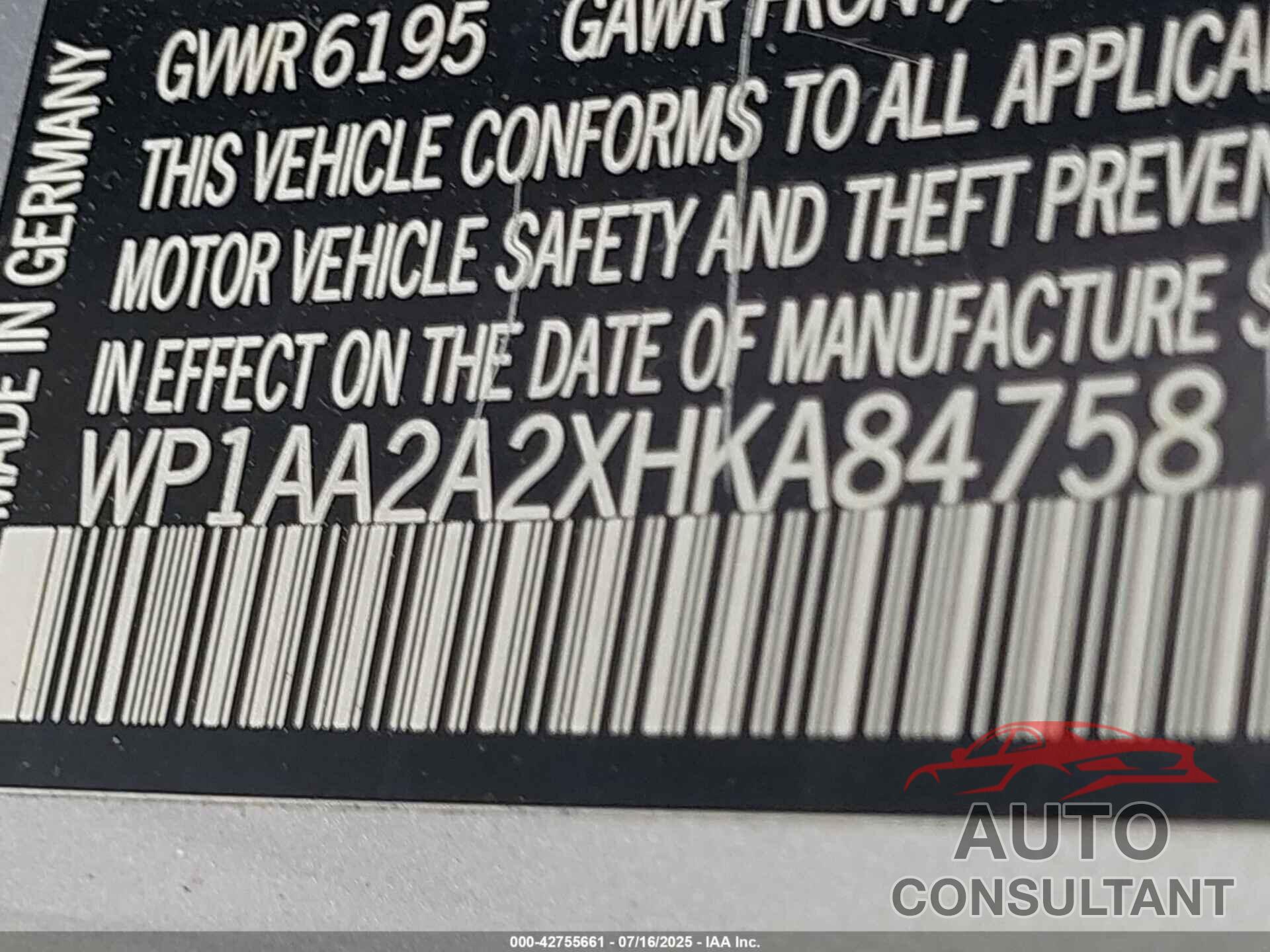 PORSCHE CAYENNE 2017 - WP1AA2A2XHKA84758