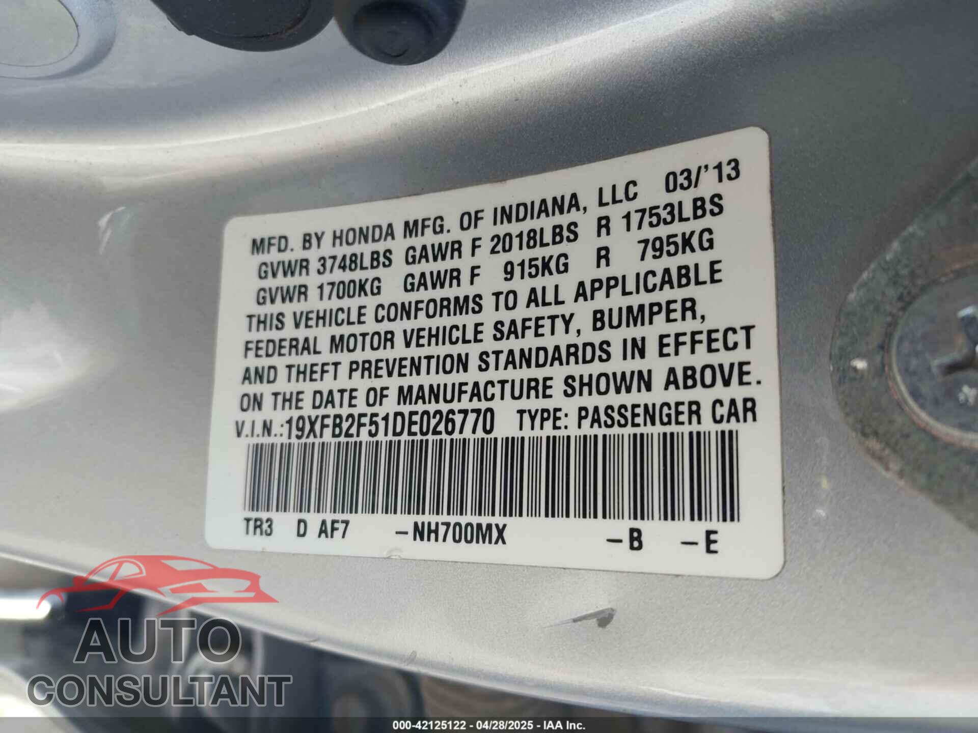 HONDA CIVIC 2013 - 19XFB2F51DE026770
