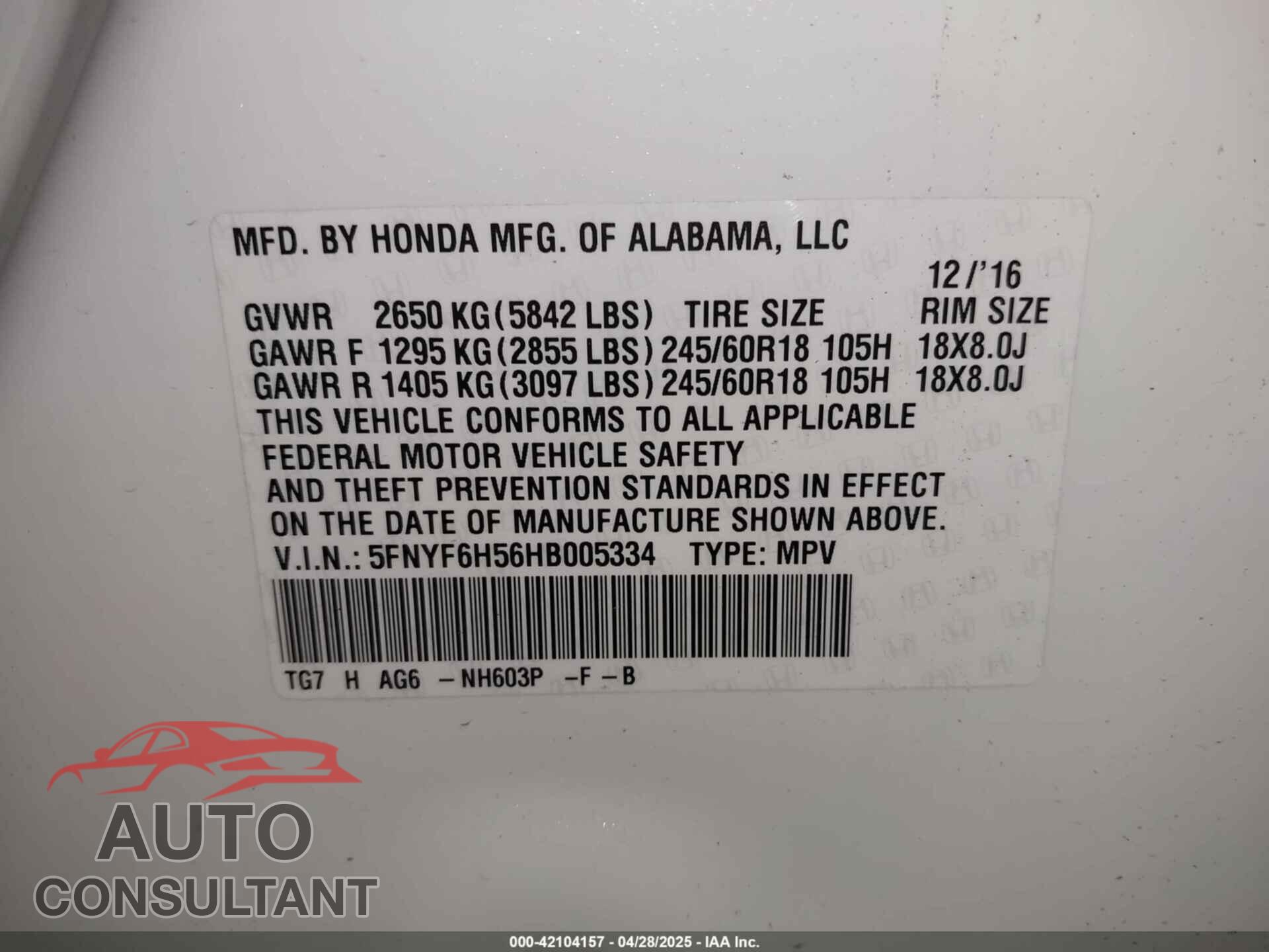 HONDA PILOT 2017 - 5FNYF6H56HB005334