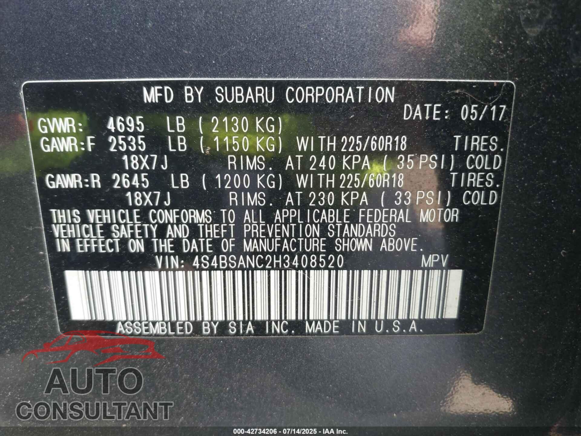 SUBARU OUTBACK 2017 - 4S4BSANC2H3408520