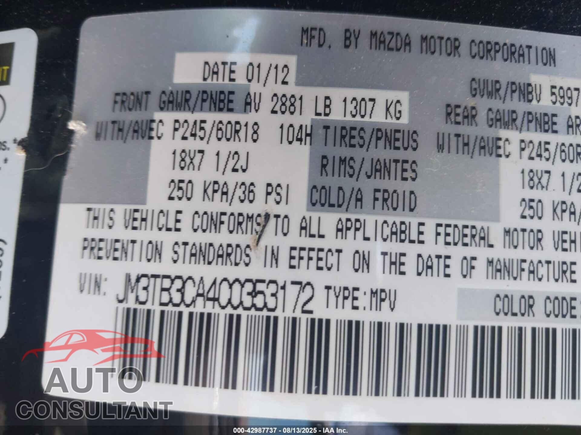 MAZDA CX-9 2012 - JM3TB3CA4C0353172