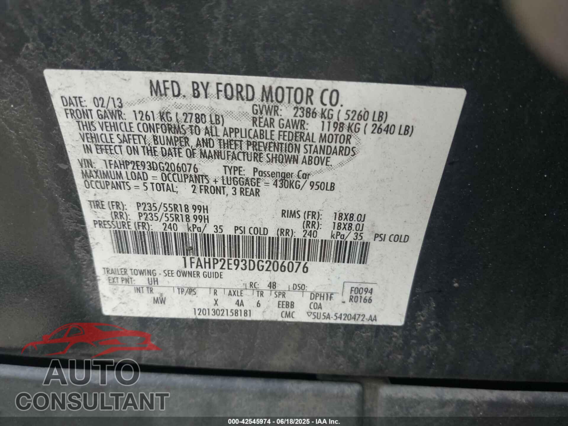 FORD TAURUS 2013 - 1FAHP2E93DG206076