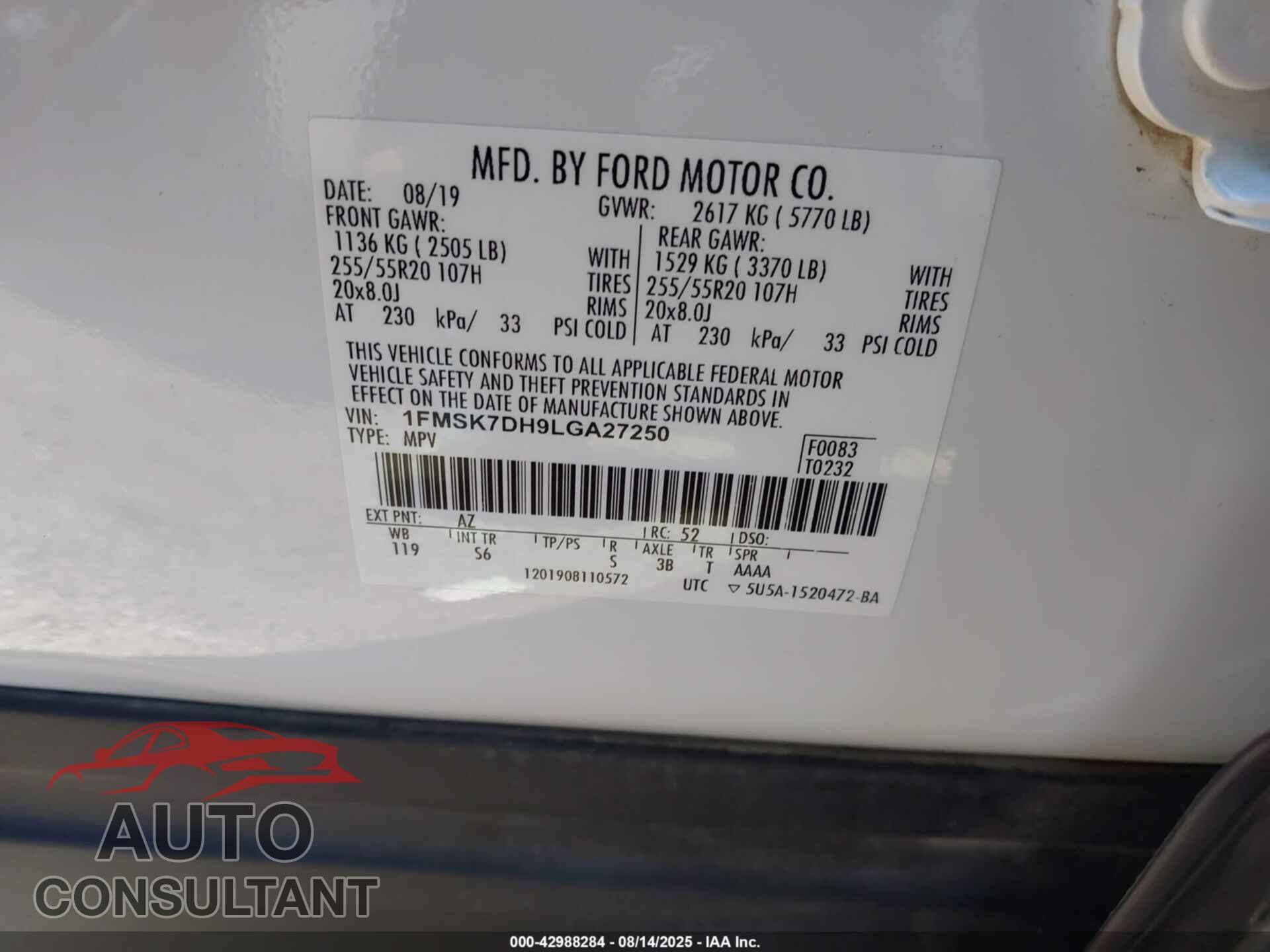 FORD EXPLORER 2020 - 1FMSK7DH9LGA27250