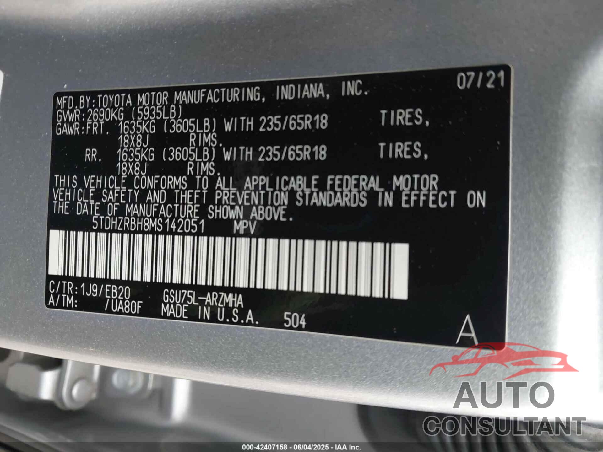 TOYOTA HIGHLANDER 2021 - 5TDHZRBH8MS142051