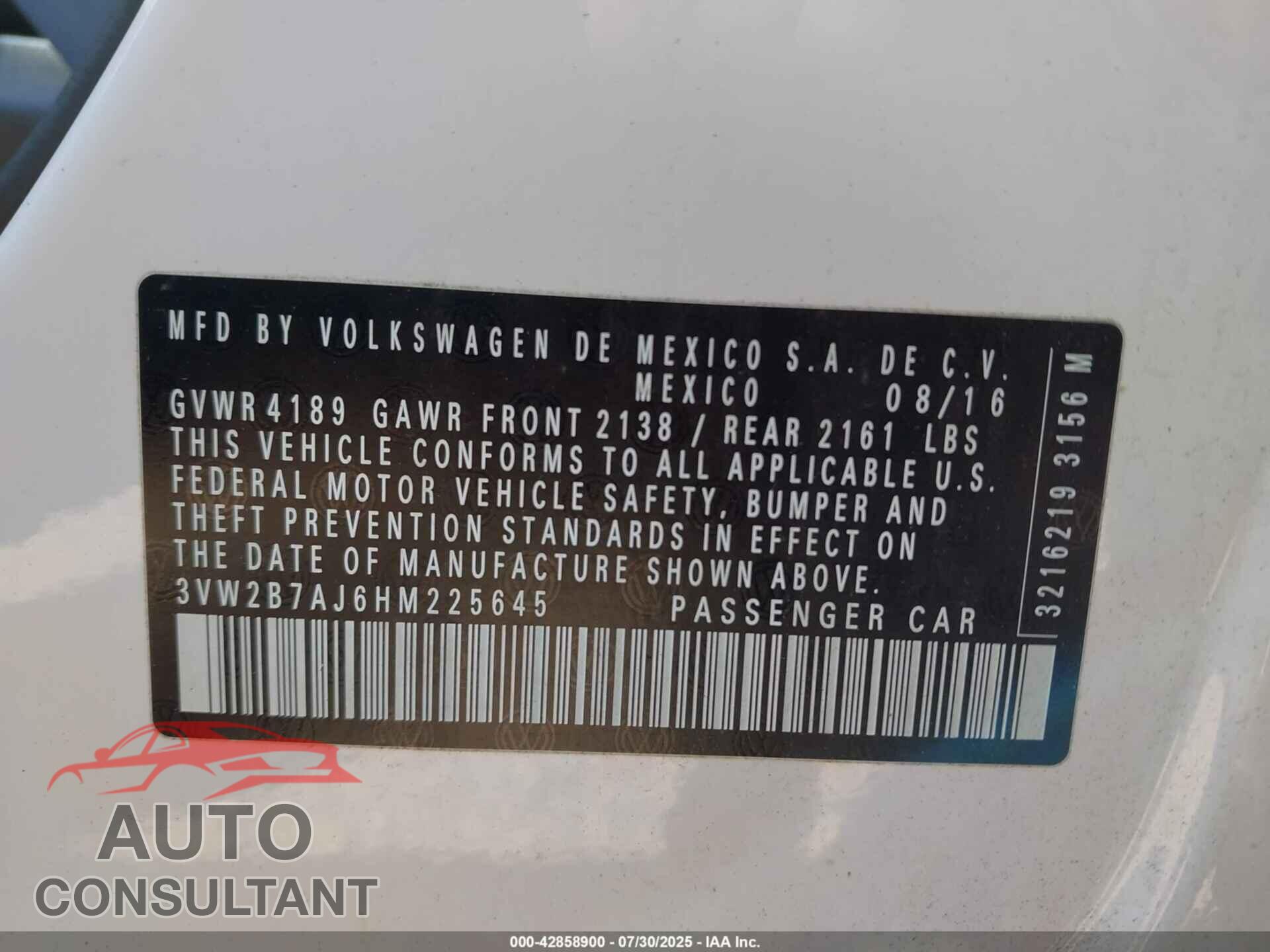 VOLKSWAGEN JETTA 2017 - 3VW2B7AJ6HM225645
