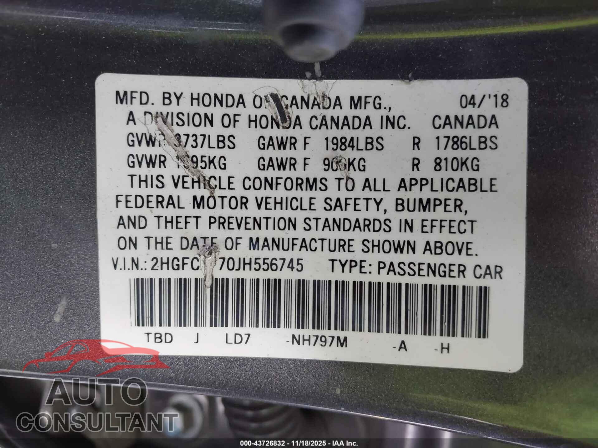 HONDA CIVIC 2018 - 2HGFC2F70JH556745