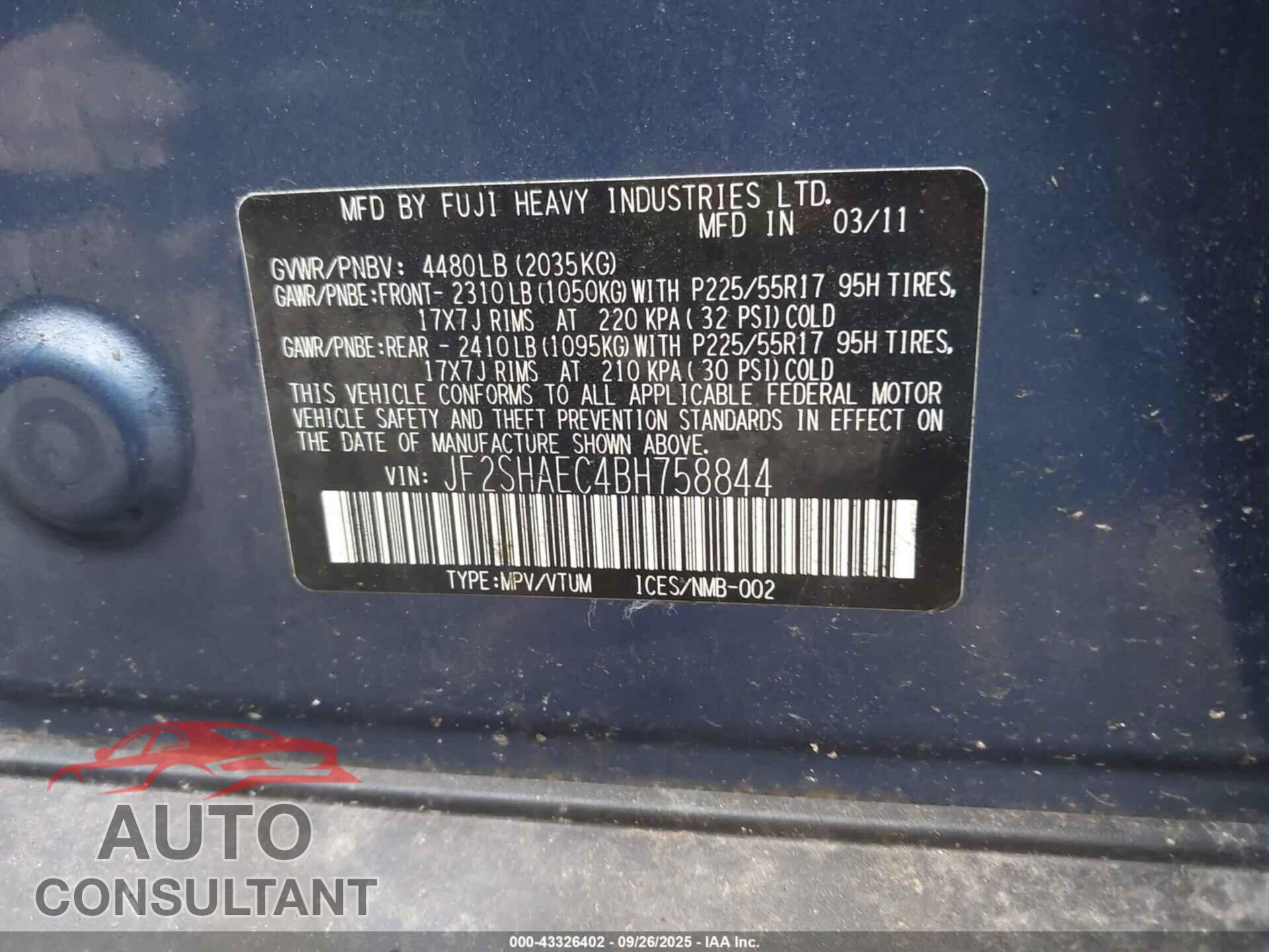 SUBARU FORESTER 2011 - JF2SHAEC4BH758844