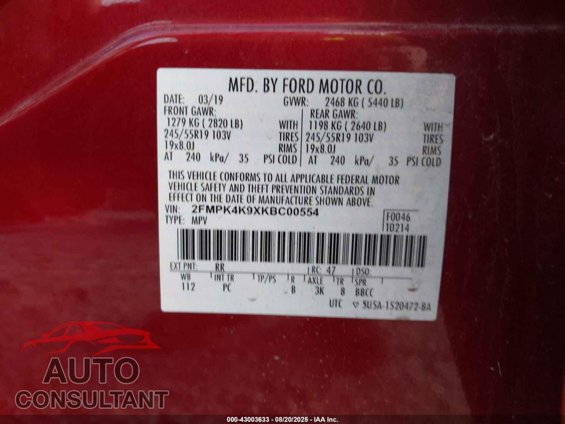 FORD EDGE 2019 - 2FMPK4K9XKBC00554
