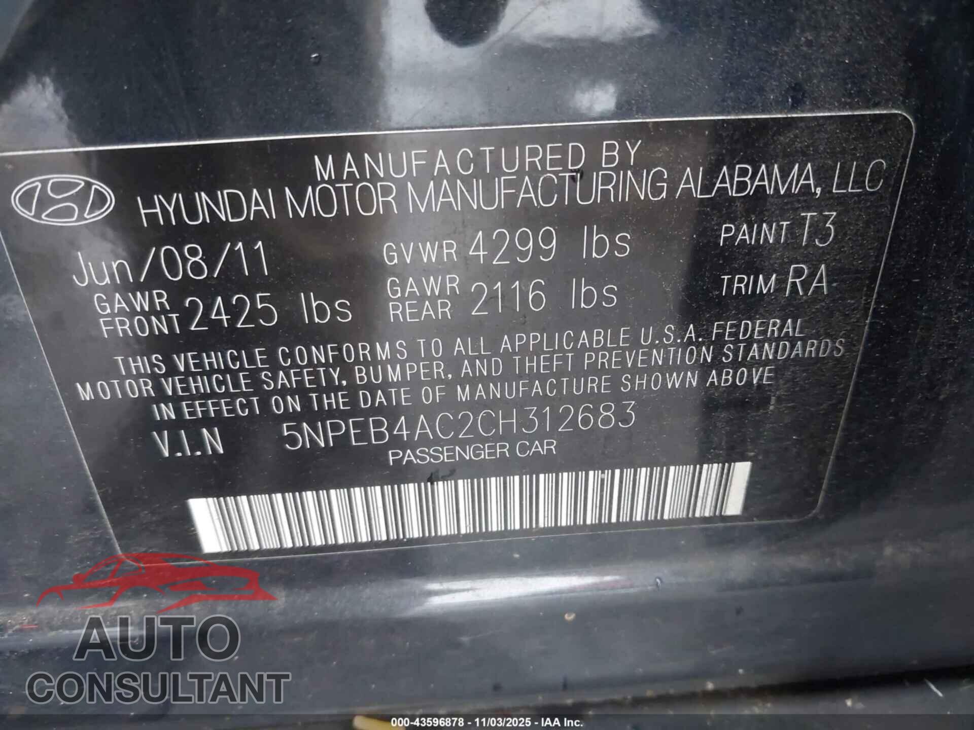 HYUNDAI SONATA 2012 - 5NPEB4AC2CH312683